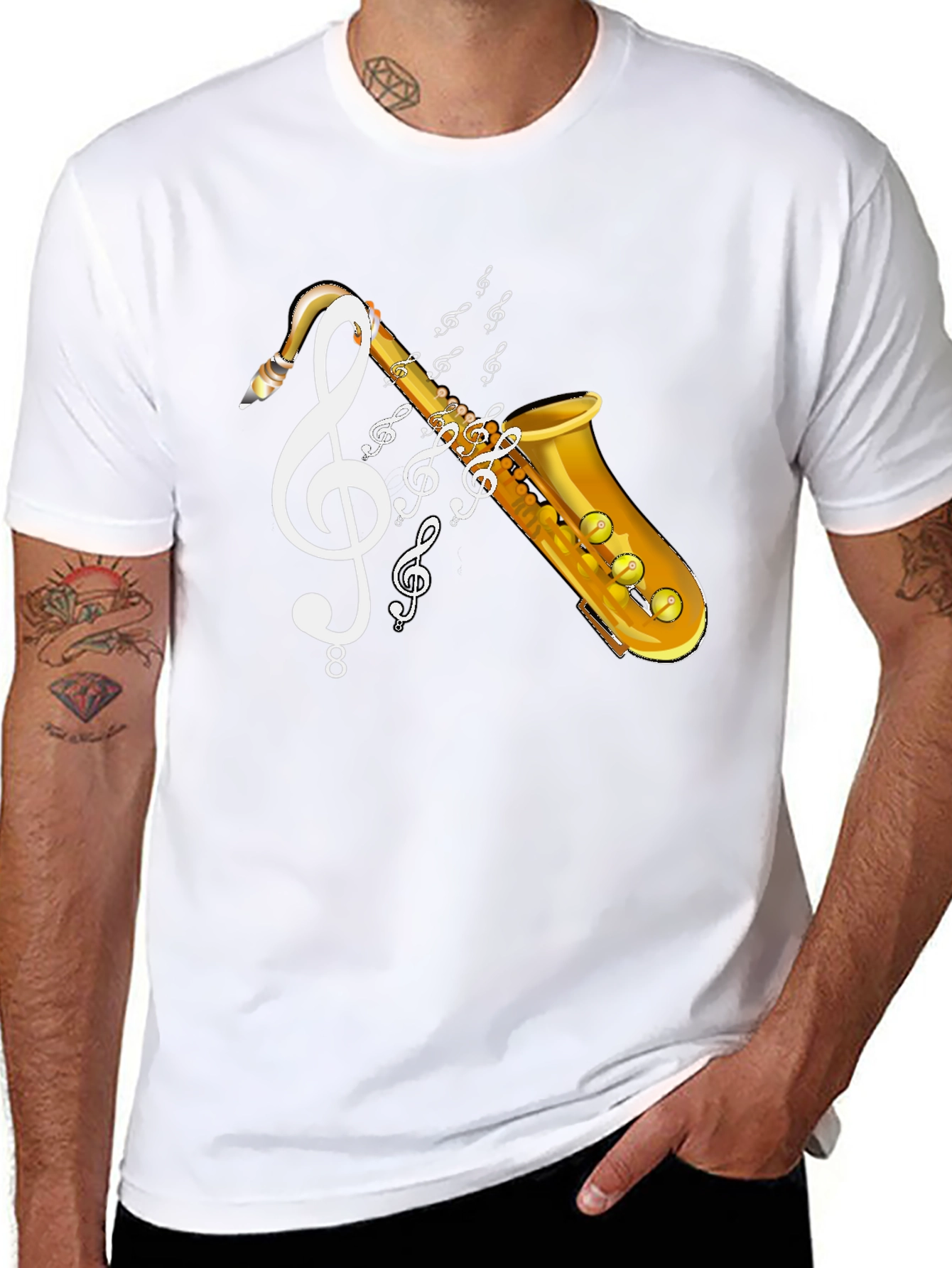 Black Saxophone Music T-Shirt - Musical Clef Design view 8