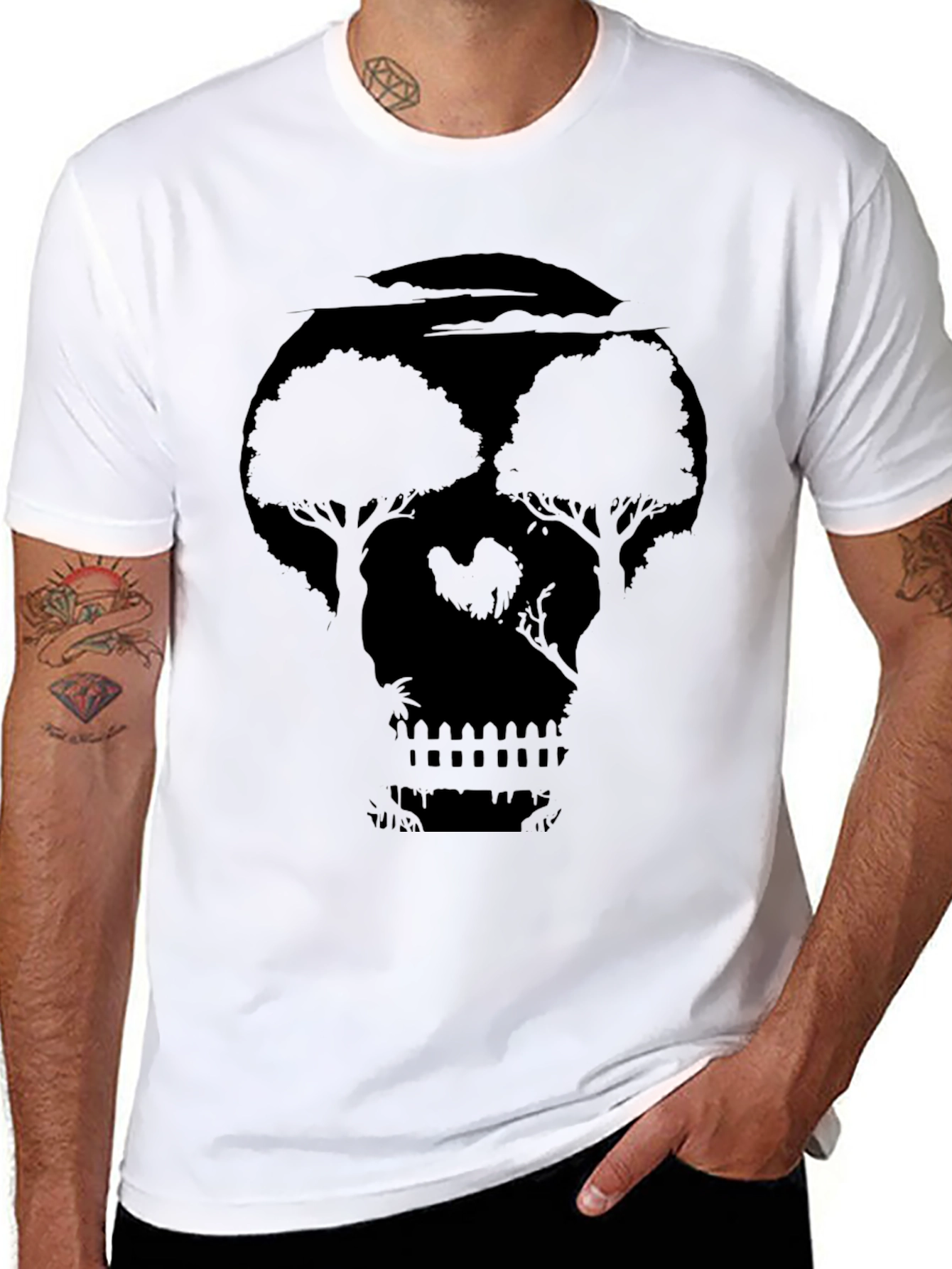 Black Skull Landscape Graphic Print Black T-Shirt view 8