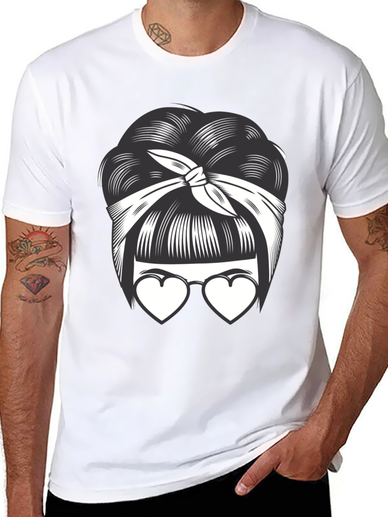 Black Bandana Bun & Heart Glasses Graphic T-Shirt view 8