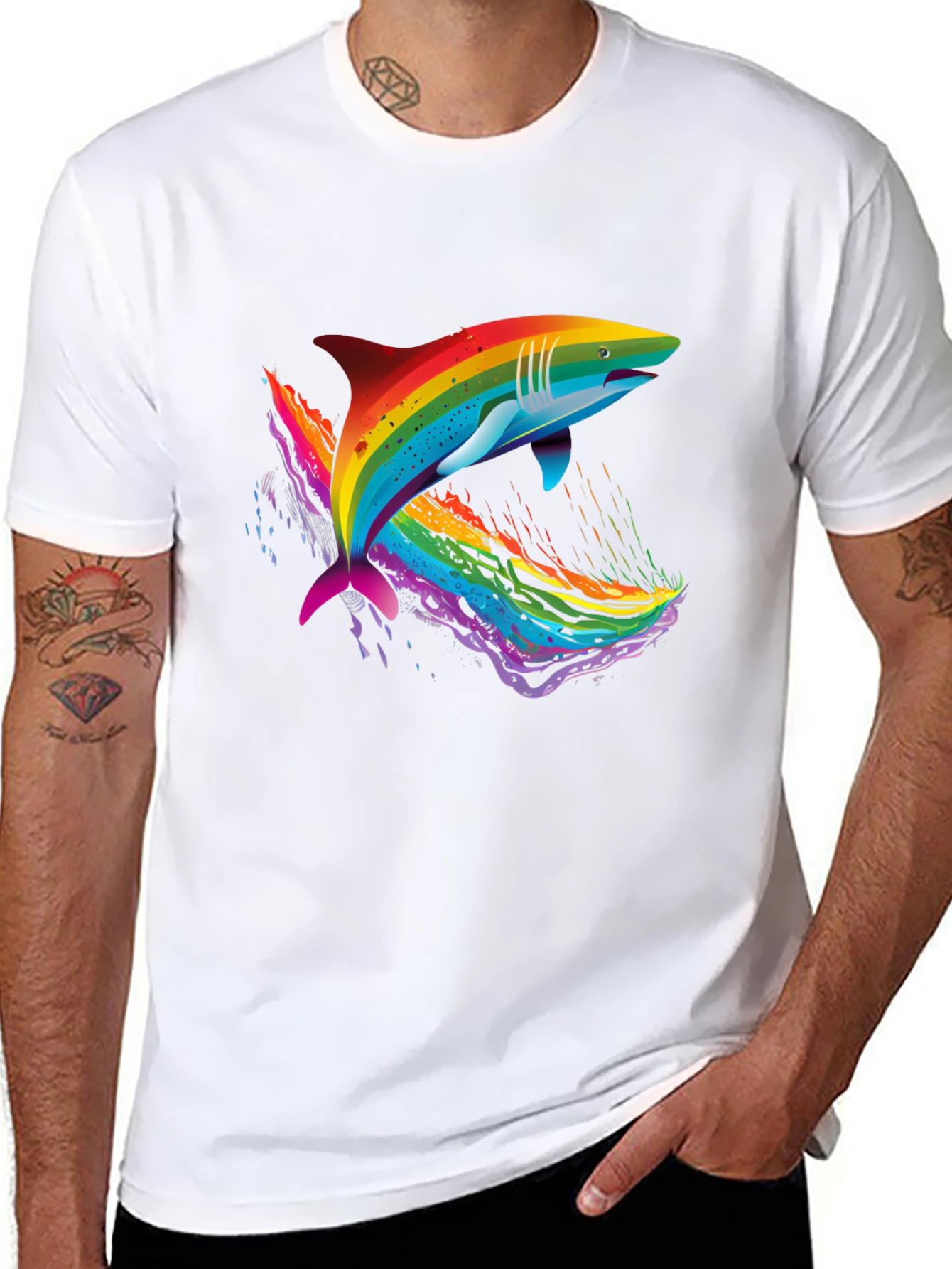 Black Rainbow Shark Graphic Black T-Shirt view 8