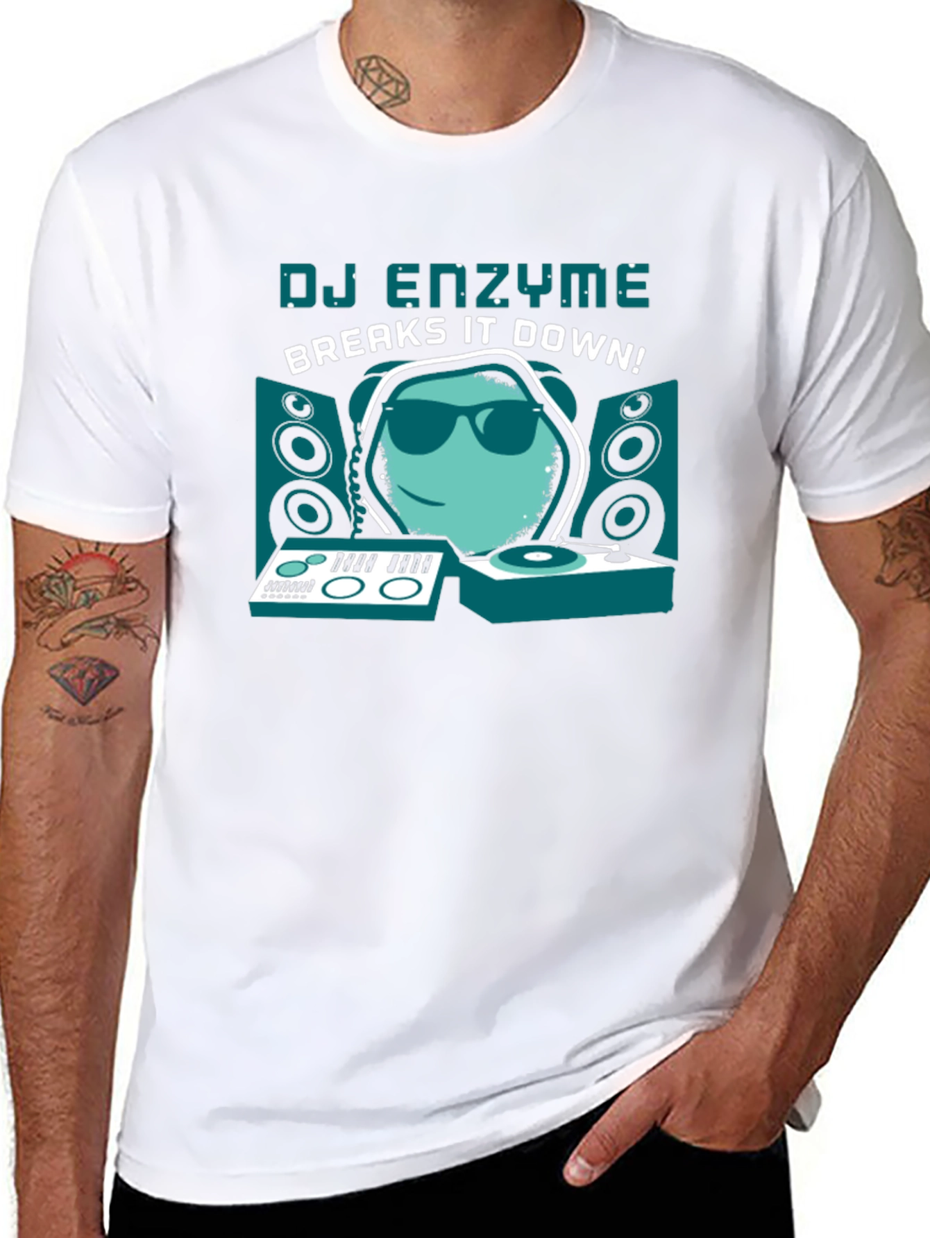 Black DJ Enzyme Breaks It Down! Graphic T-Shirt view 8