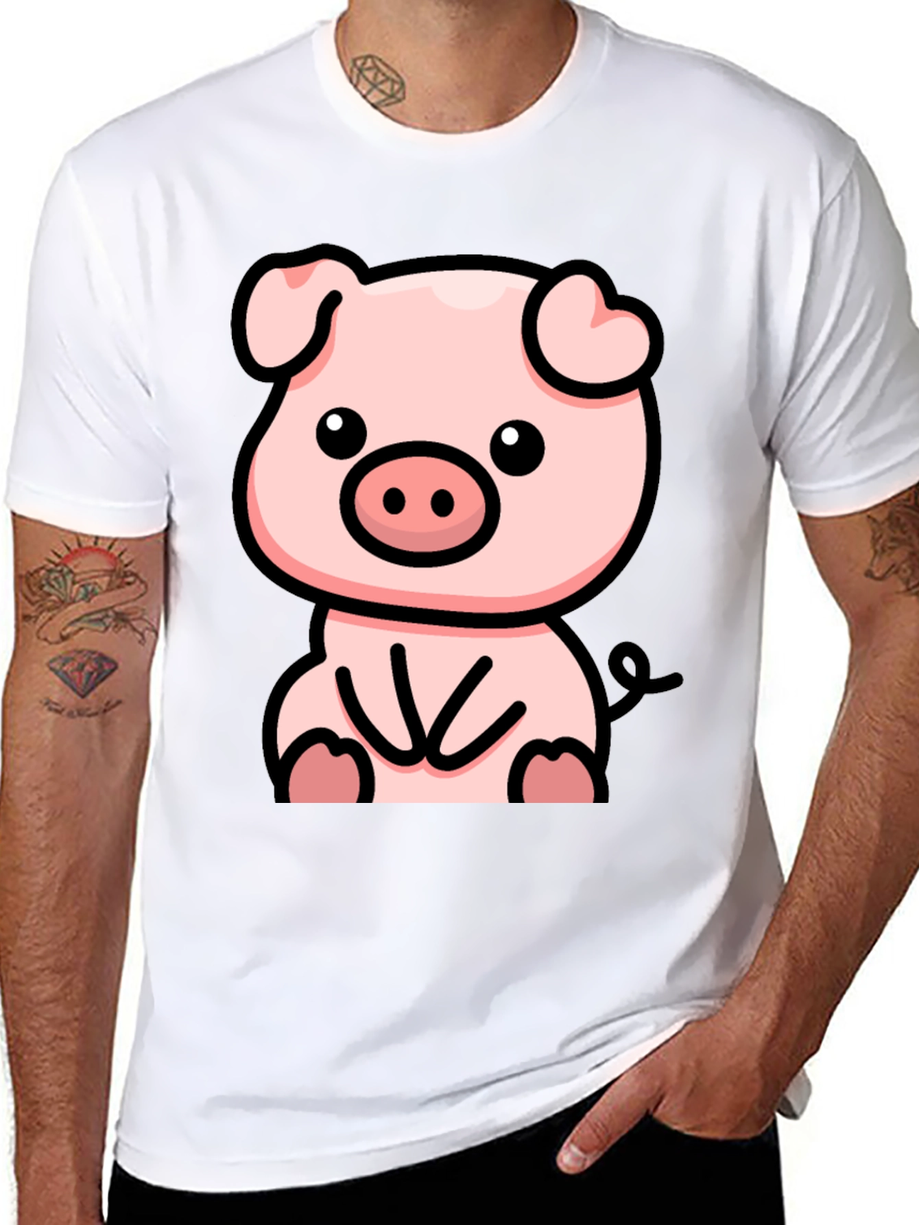 Black Cute Cartoon Pig Black T-Shirt view 8