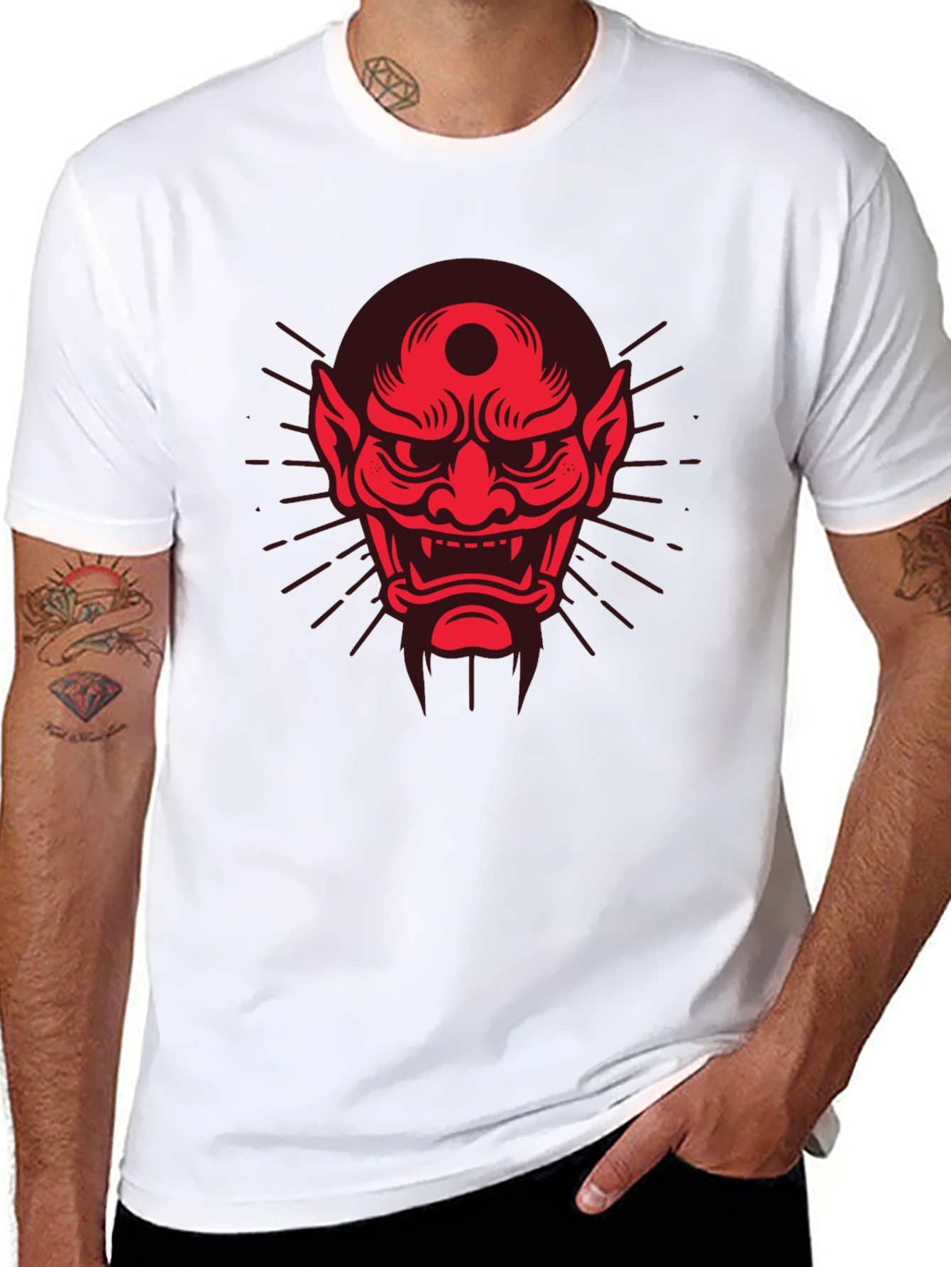 Black Men's Black T-Shirt with Red Oni Mask Design view 8