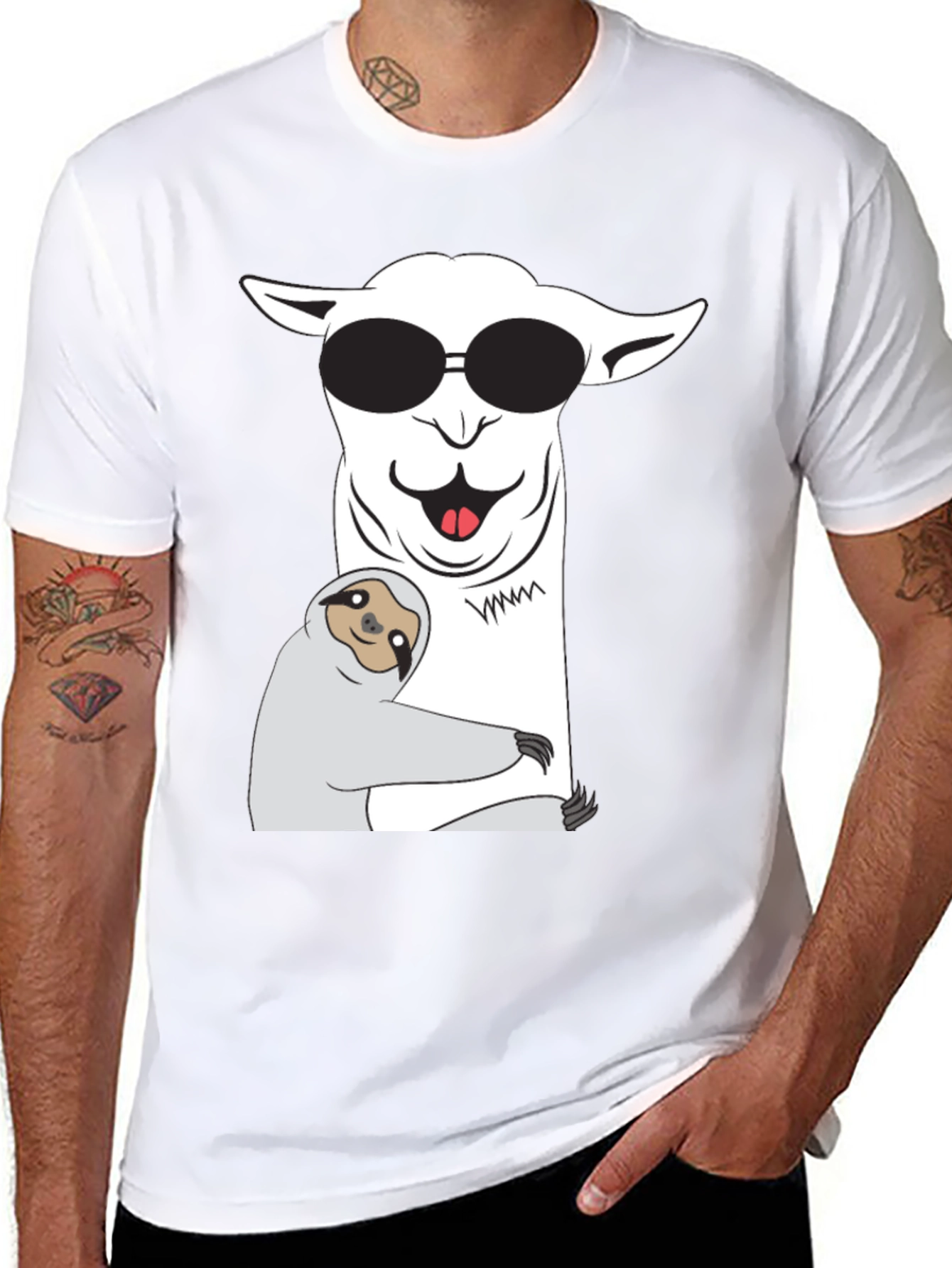 Black Cool Llama & Sloth T-Shirt - Funny Graphic Tee view 8