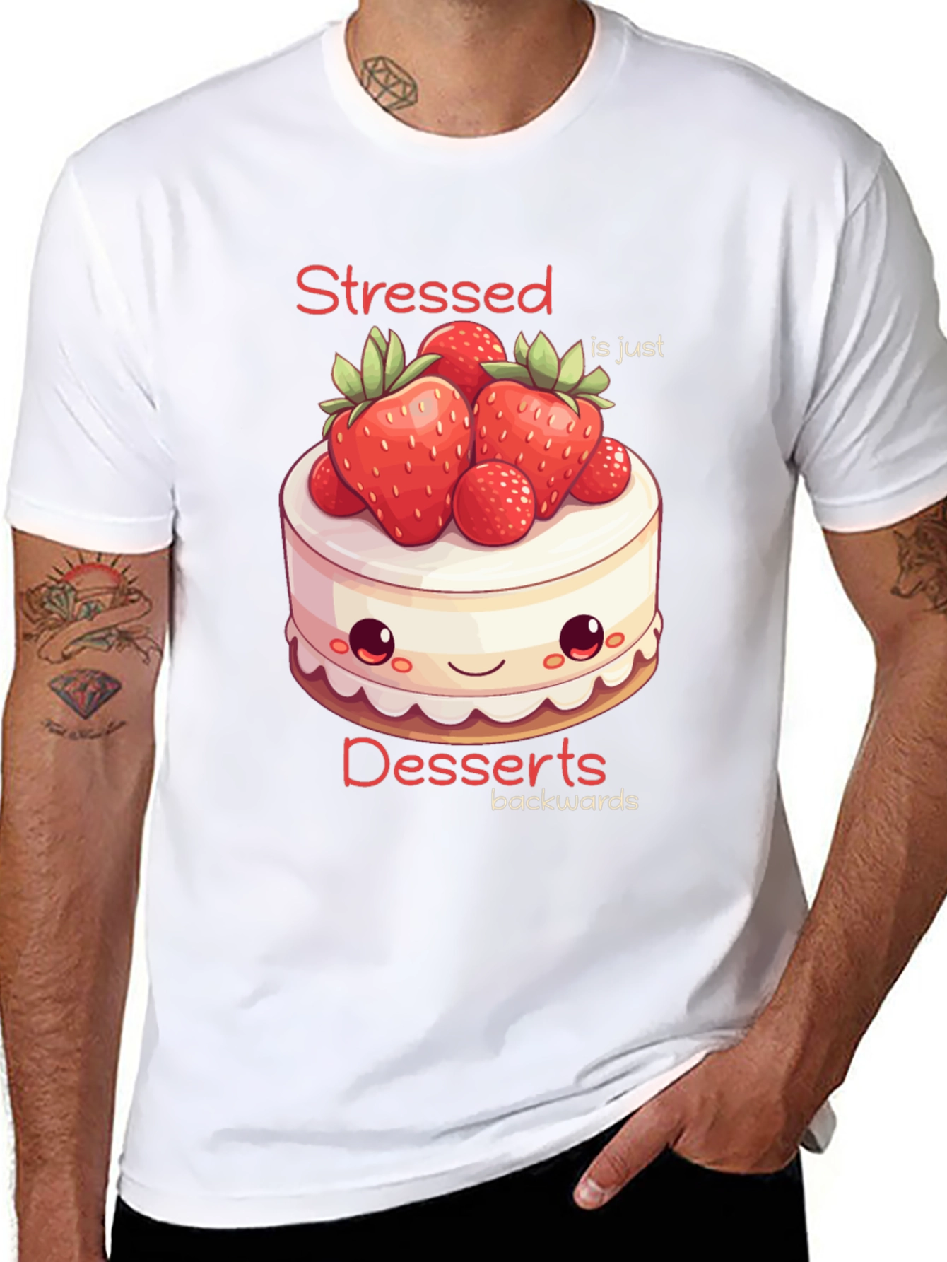 Black Stressed is Desserts Backwards T-Shirt view 8