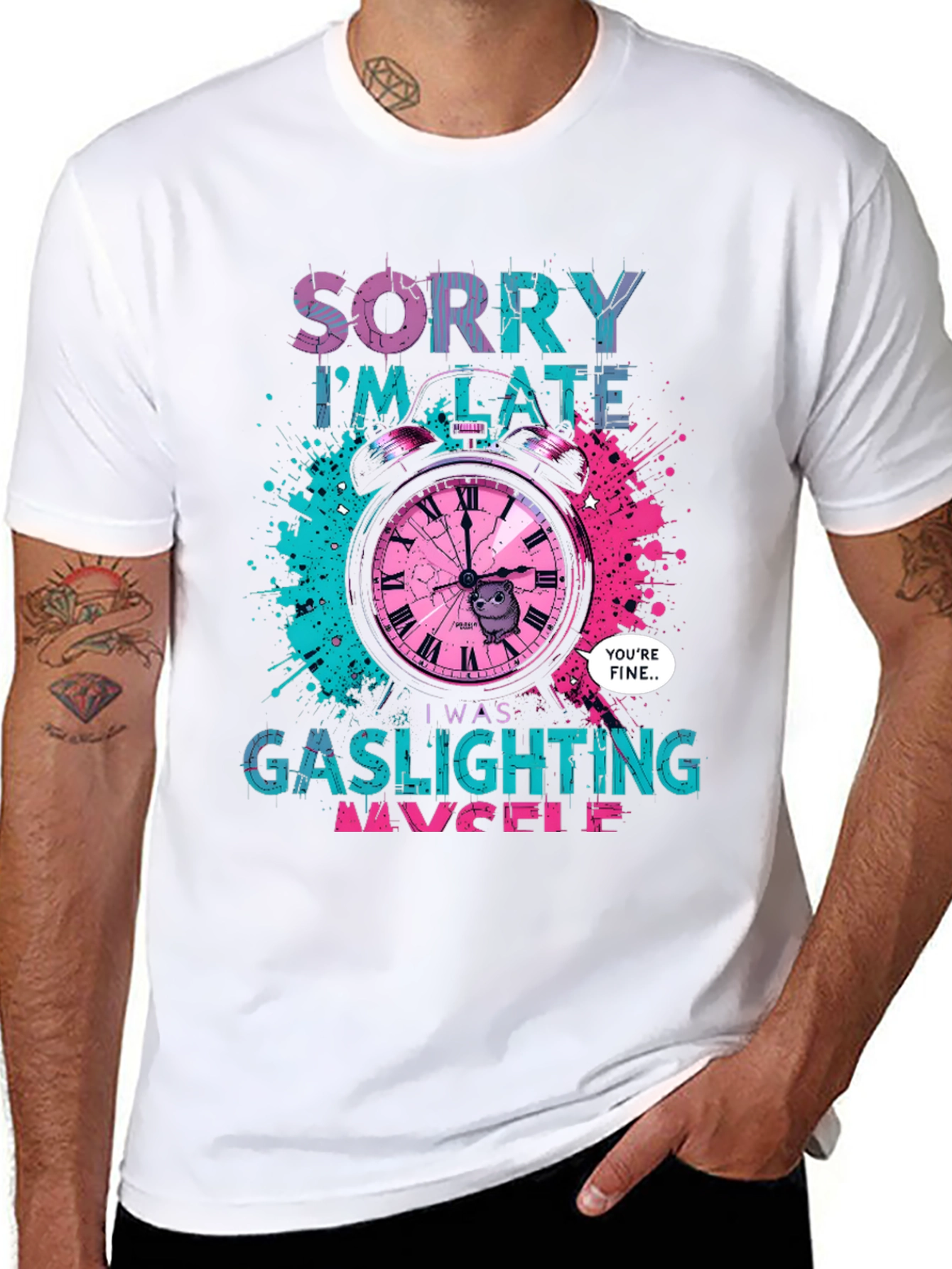 Black Sorry I'm Late Gaslighting Myself T-Shirt view 8