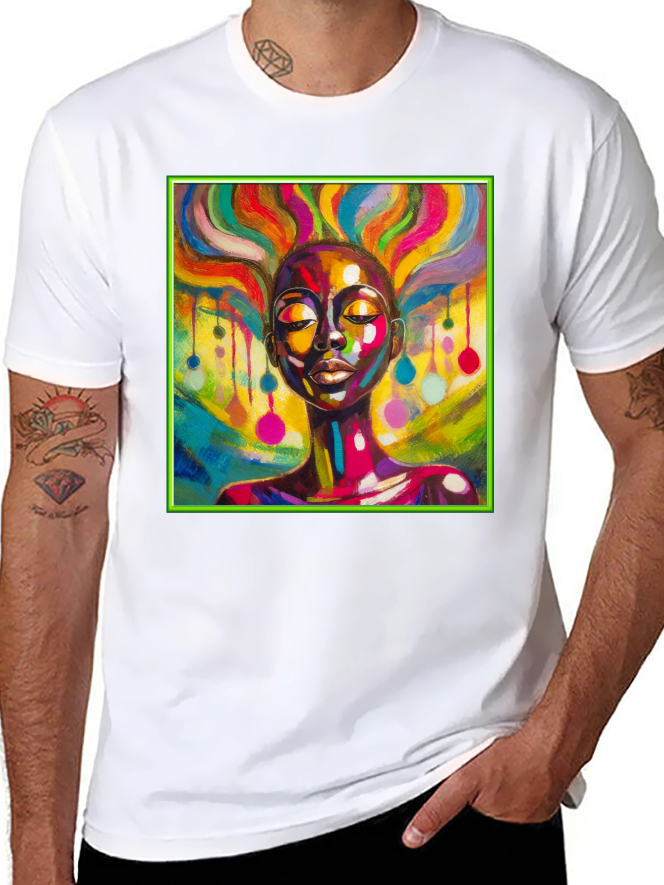 Black Vibrant Art T-Shirt: Colorful Woman Design view 8