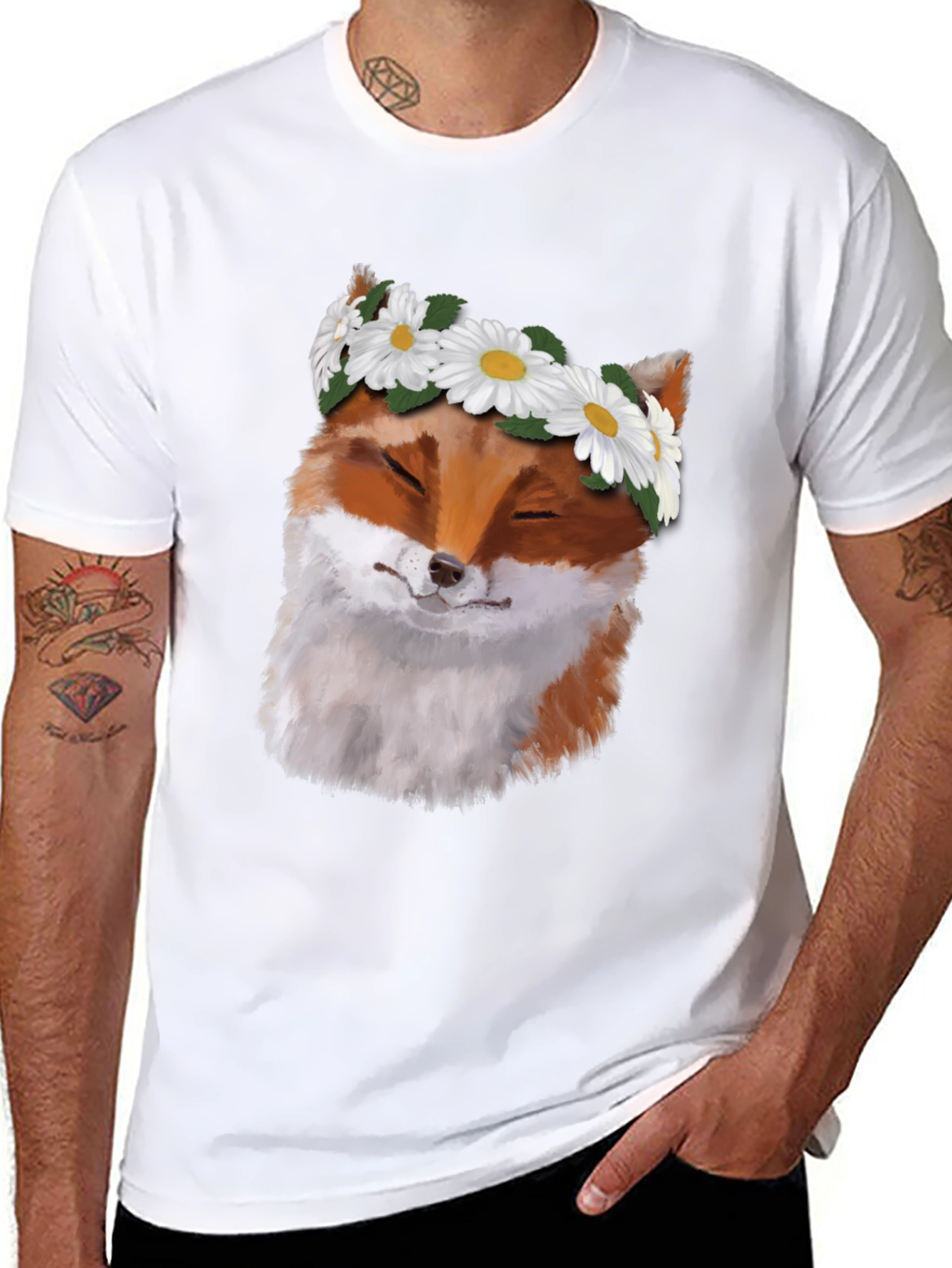 Black Fox with Daisy Crown Black T-Shirt - Unique Graphic Tee view 8