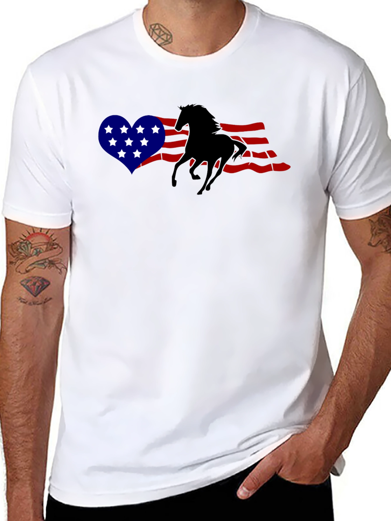 Black American Flag Horse Graphic T-Shirt view 8