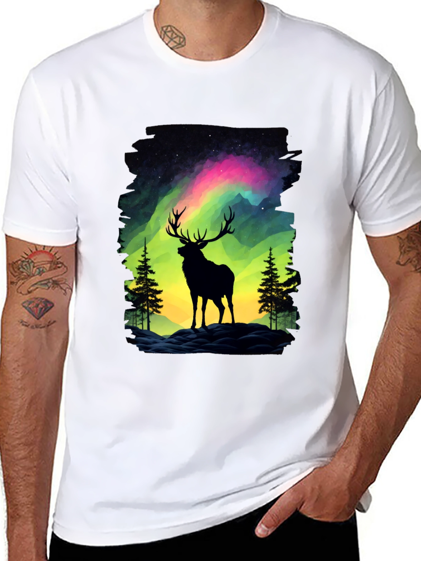 Black Aurora Deer Graphic Tee - Nature Inspired Design view 8