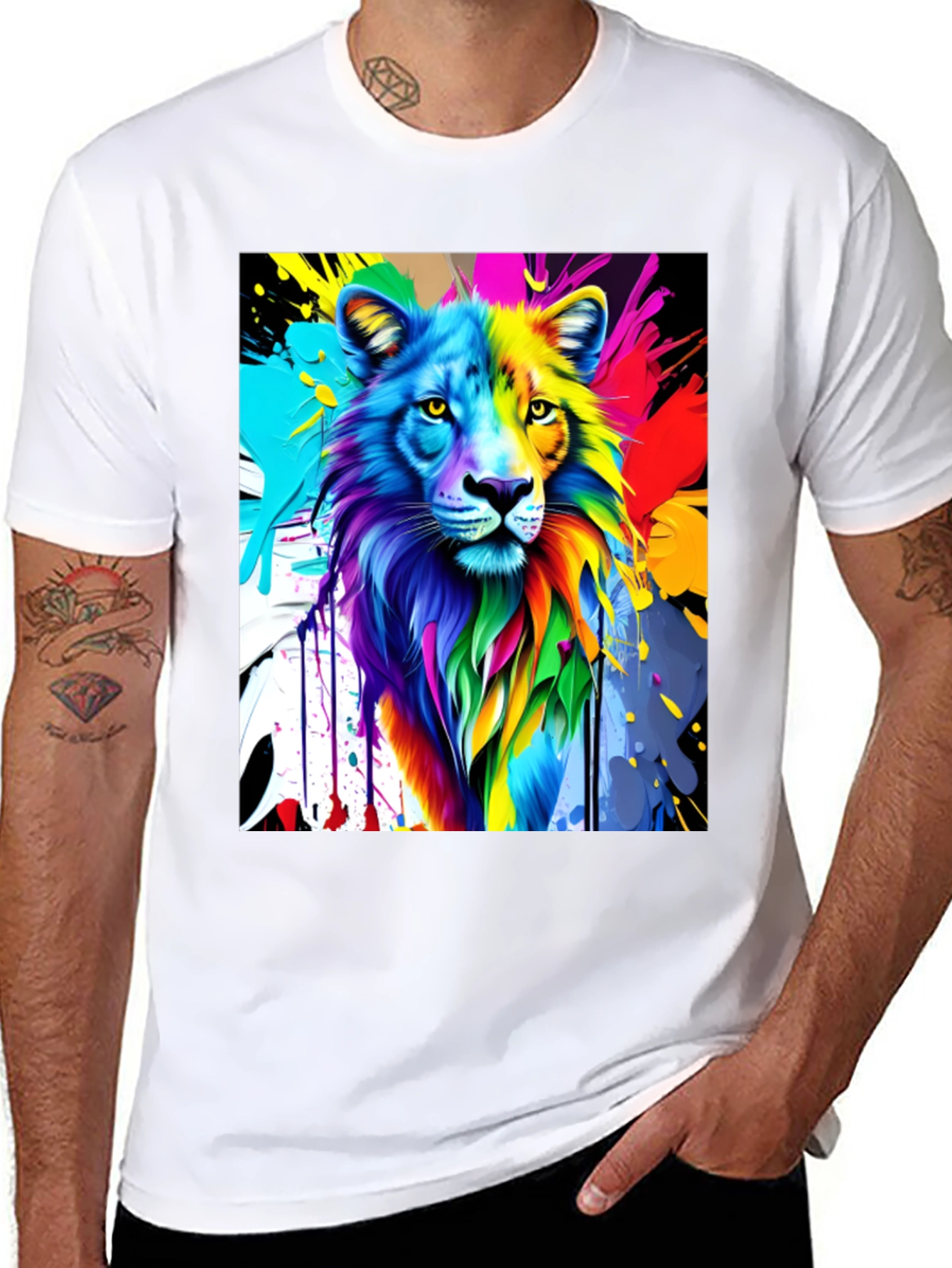 Black Colorful Lion Graphic Black T-Shirt view 8