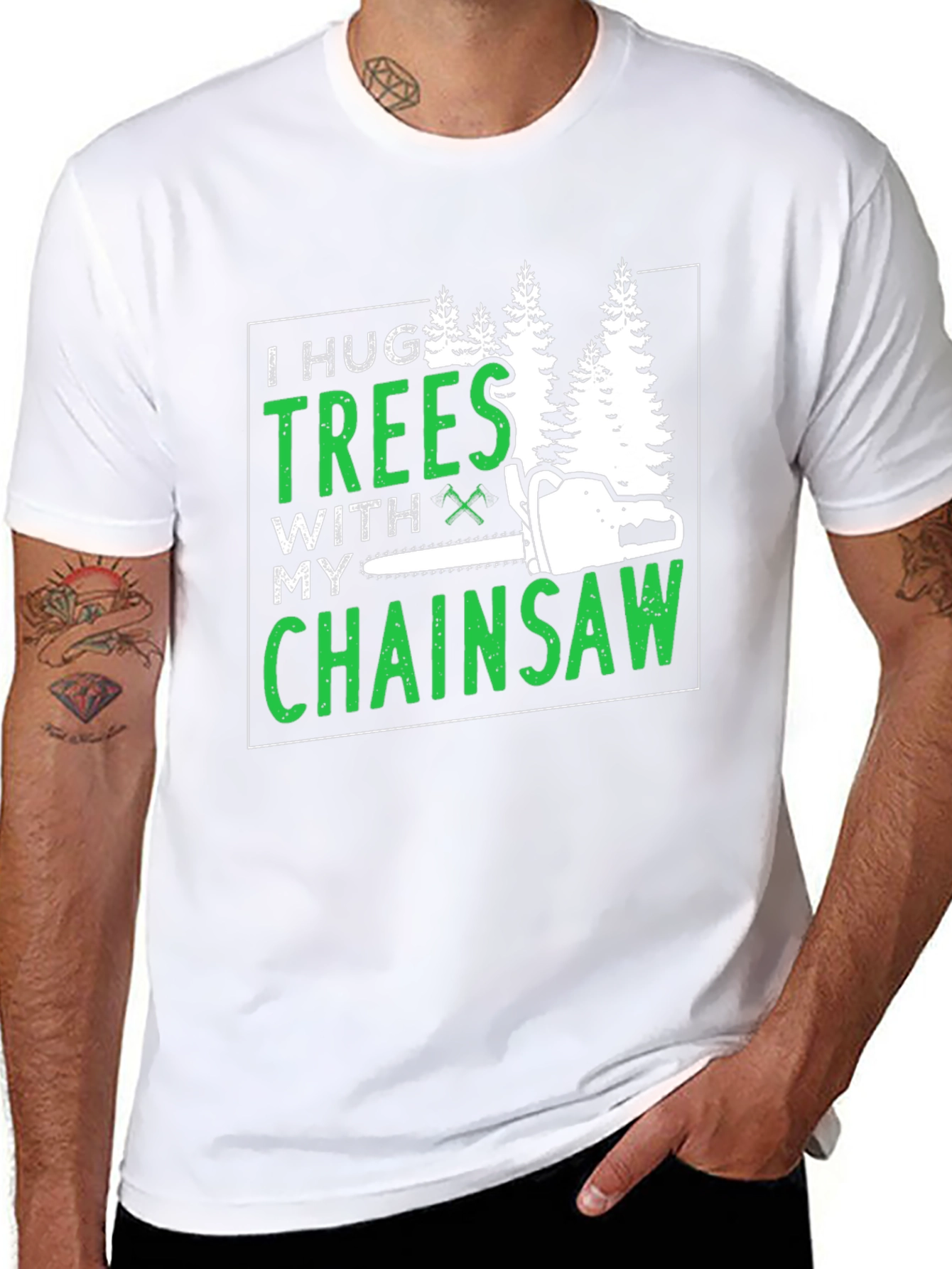 Black I Hug Trees With My Chainsaw Graphic Tee view 8