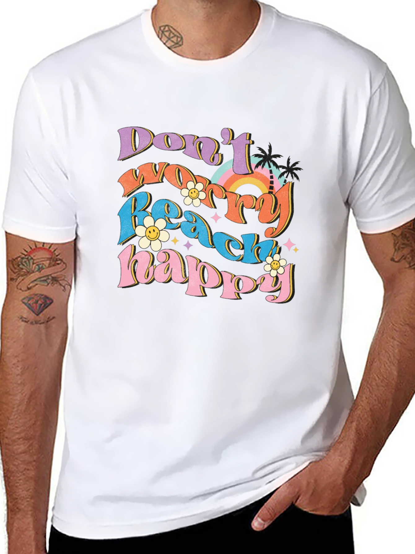 Black Don't Worry Beach Happy Graphic T-Shirt view 8