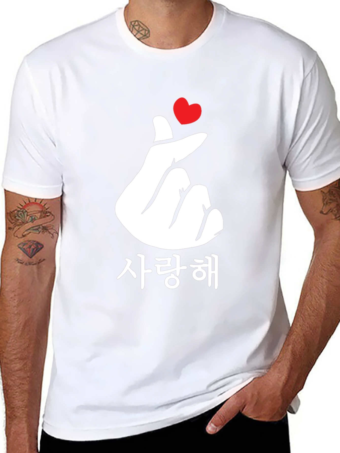 Black Korean Finger Heart Love T-Shirt - Black view 8