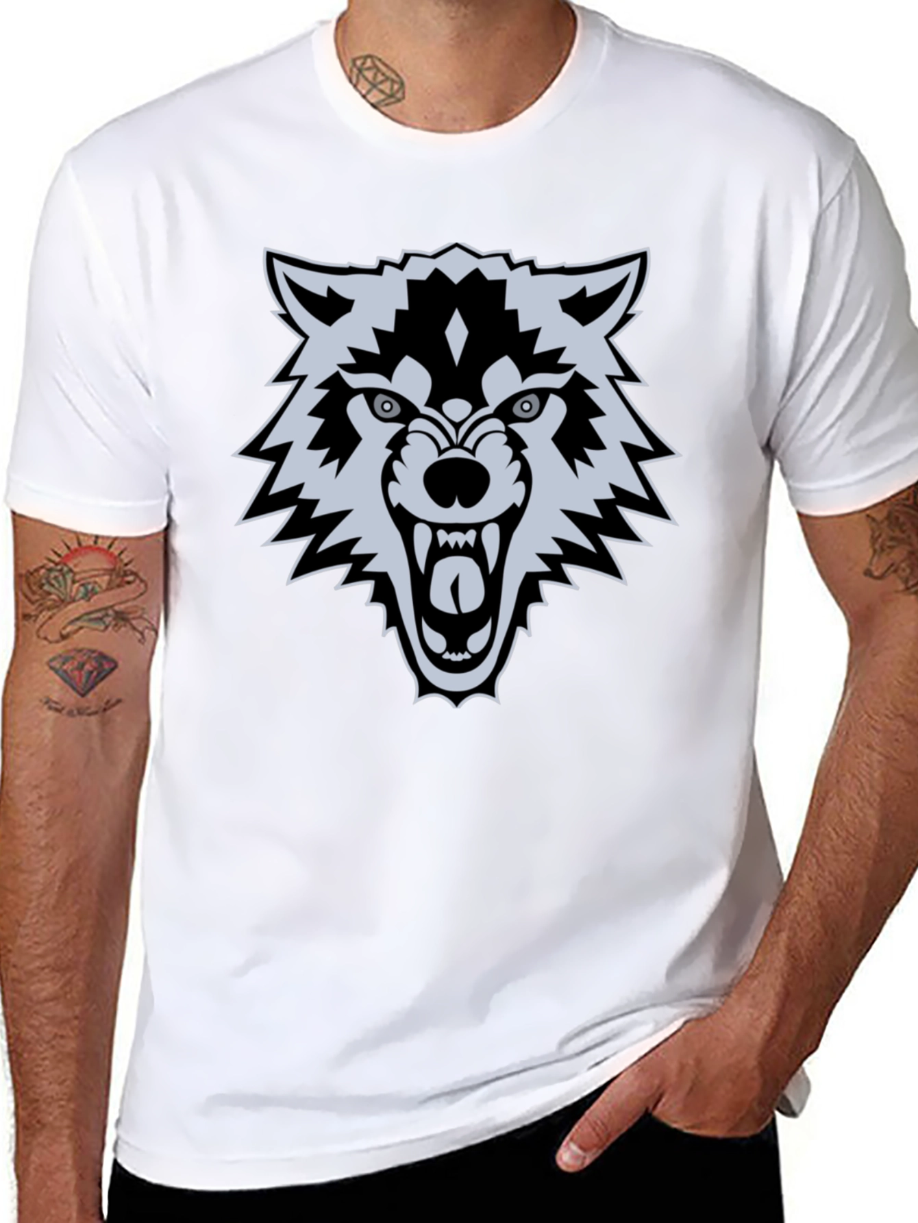 Black Men's Black Wolf Graphic T-Shirt view 8