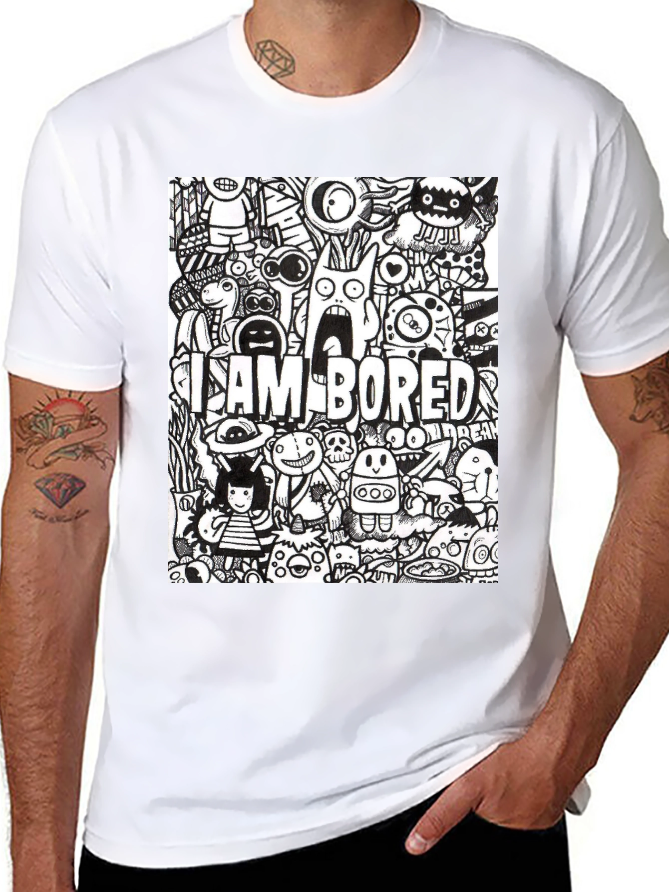 Black I Am Bored Doodle Art Graphic Tee view 8