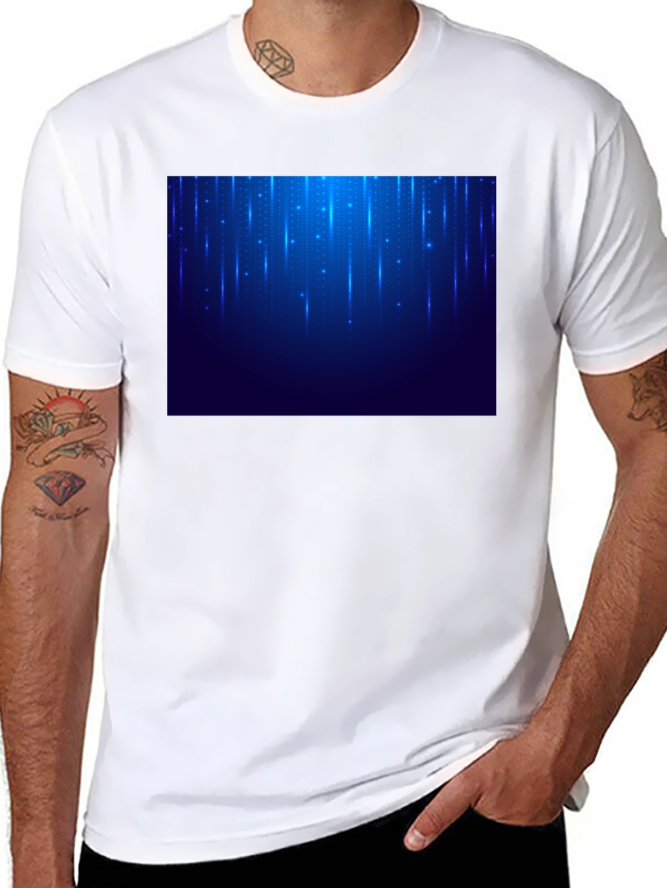 Black Men's Black T-Shirt with Blue Light Design view 8