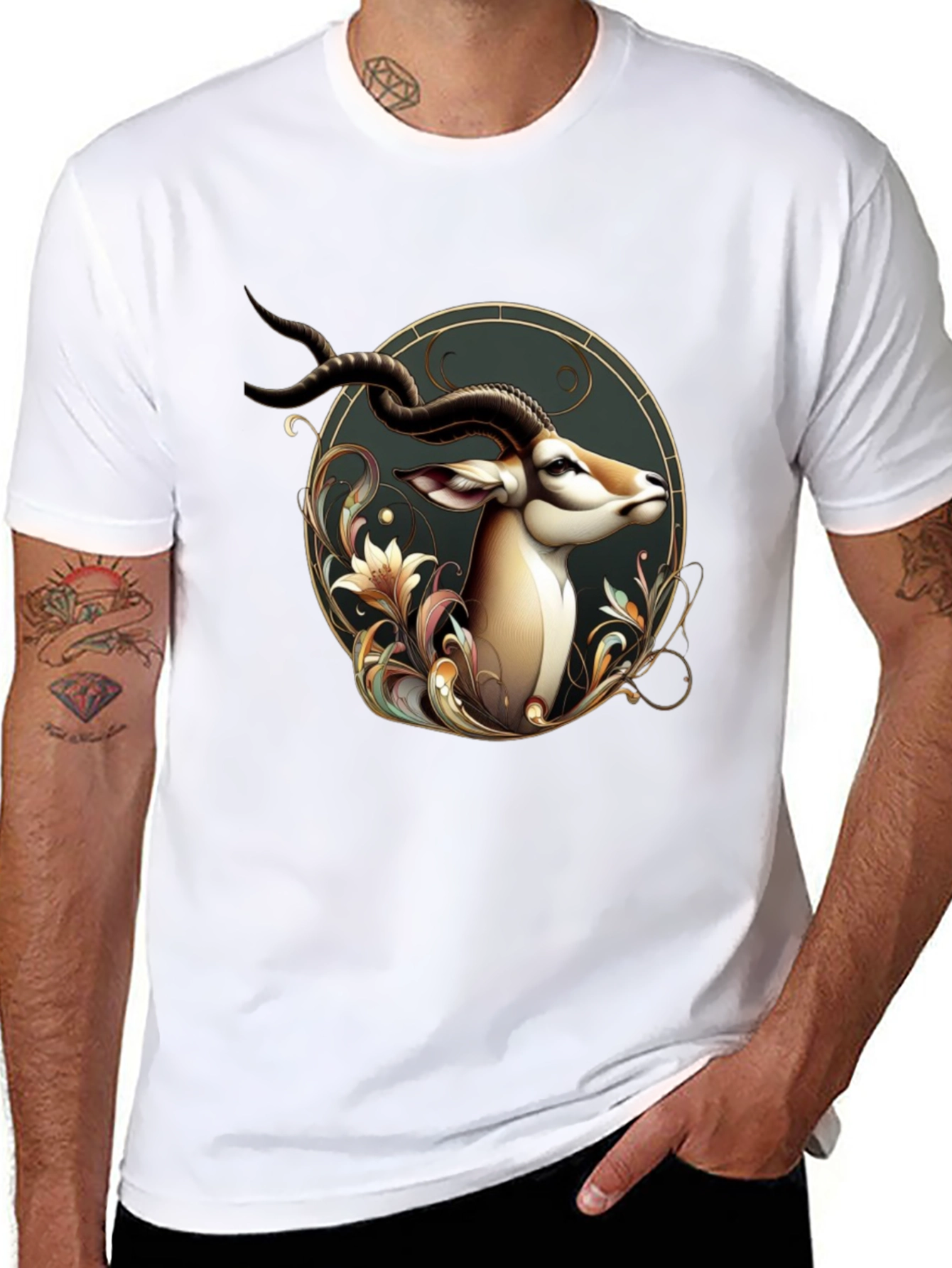 Black Elegant Antelope Graphic Tee - Men's Black T-Shirt view 8