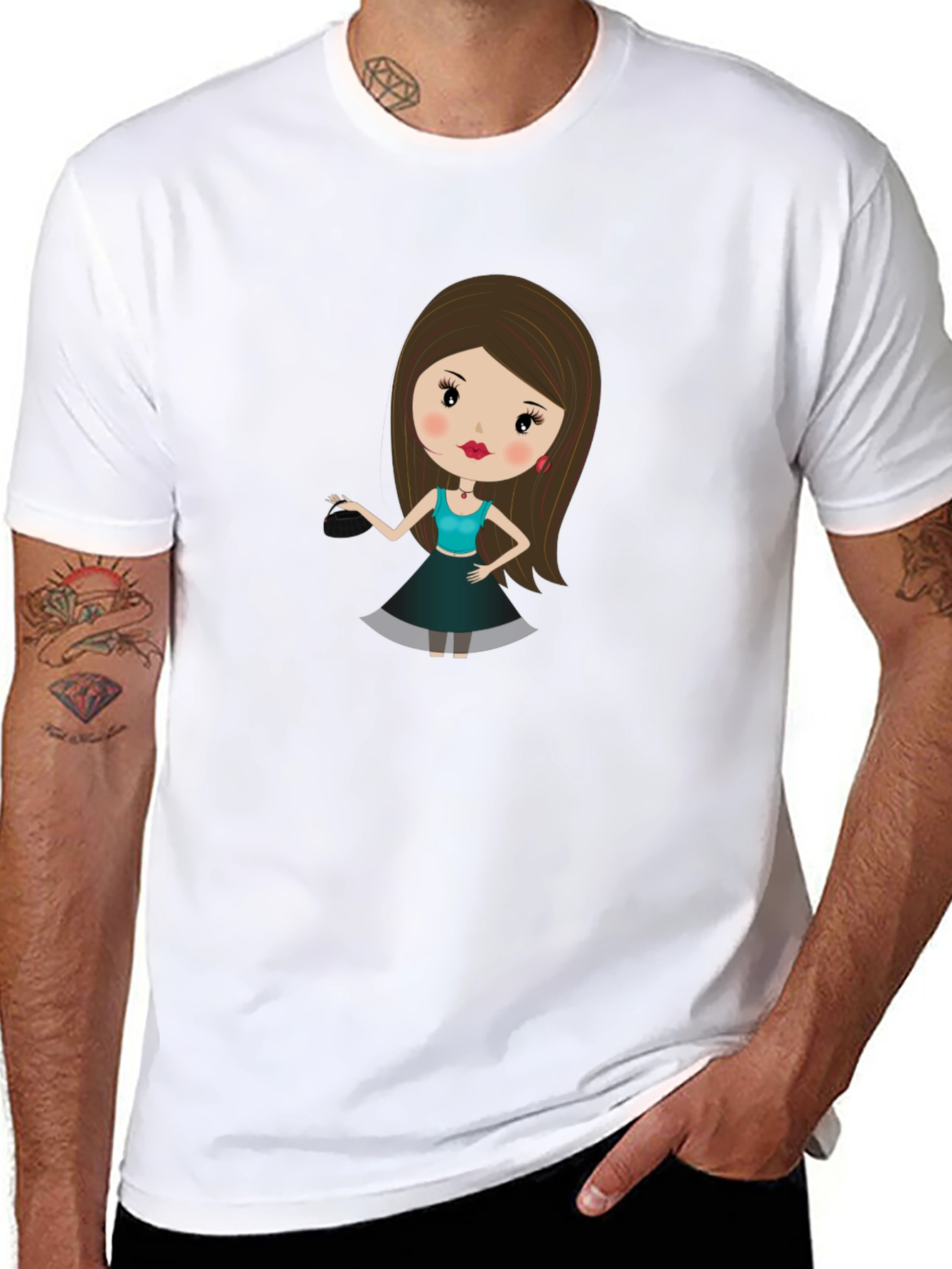 Black Cute Cartoon Girl Print Black T-Shirt view 8