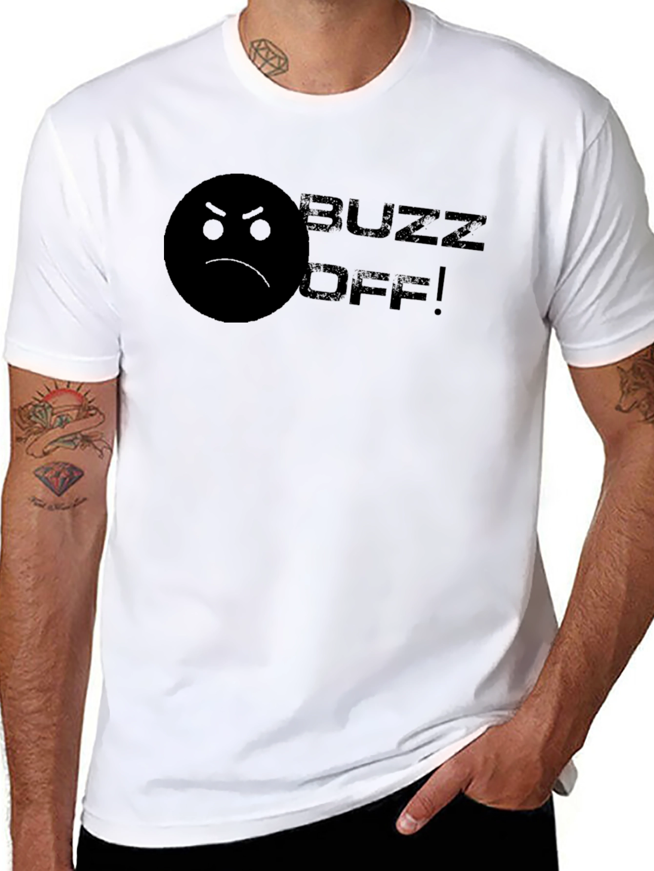 Black Buzz Off! Graphic Tee - Angry Emoji Black Cotton T-Shirt view 8
