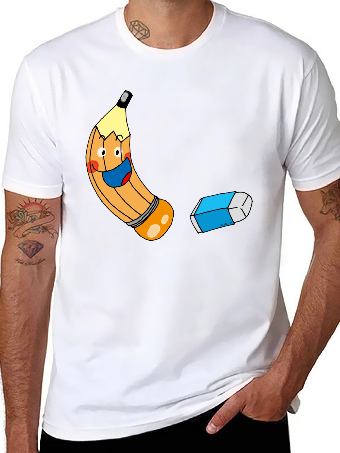 Black Cartoon Pencil & Eraser Graphic Tee view 8