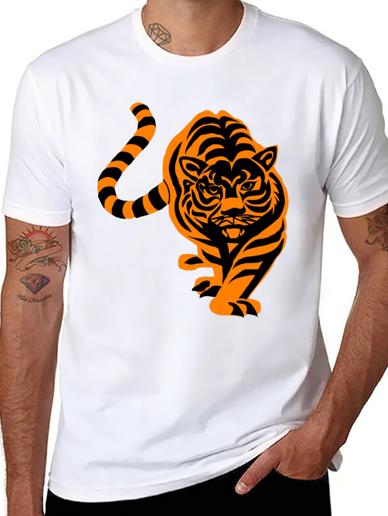 Black Men's Black T-Shirt with Orange Tiger Design view 8