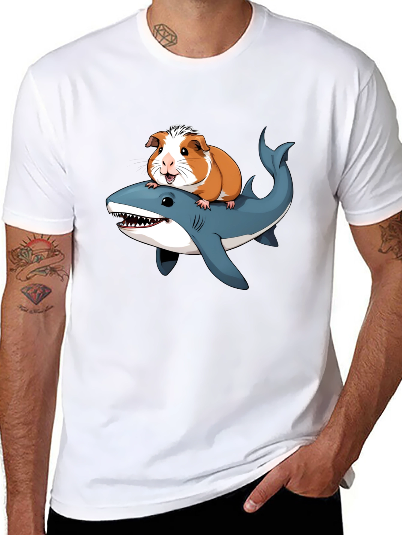 Black Guinea Pig Riding Shark Funny T-Shirt view 8
