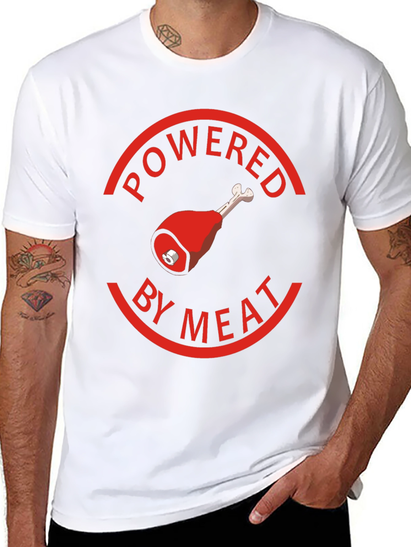 Black Powered By Meat T-Shirt - Novelty Graphic Tee view 8