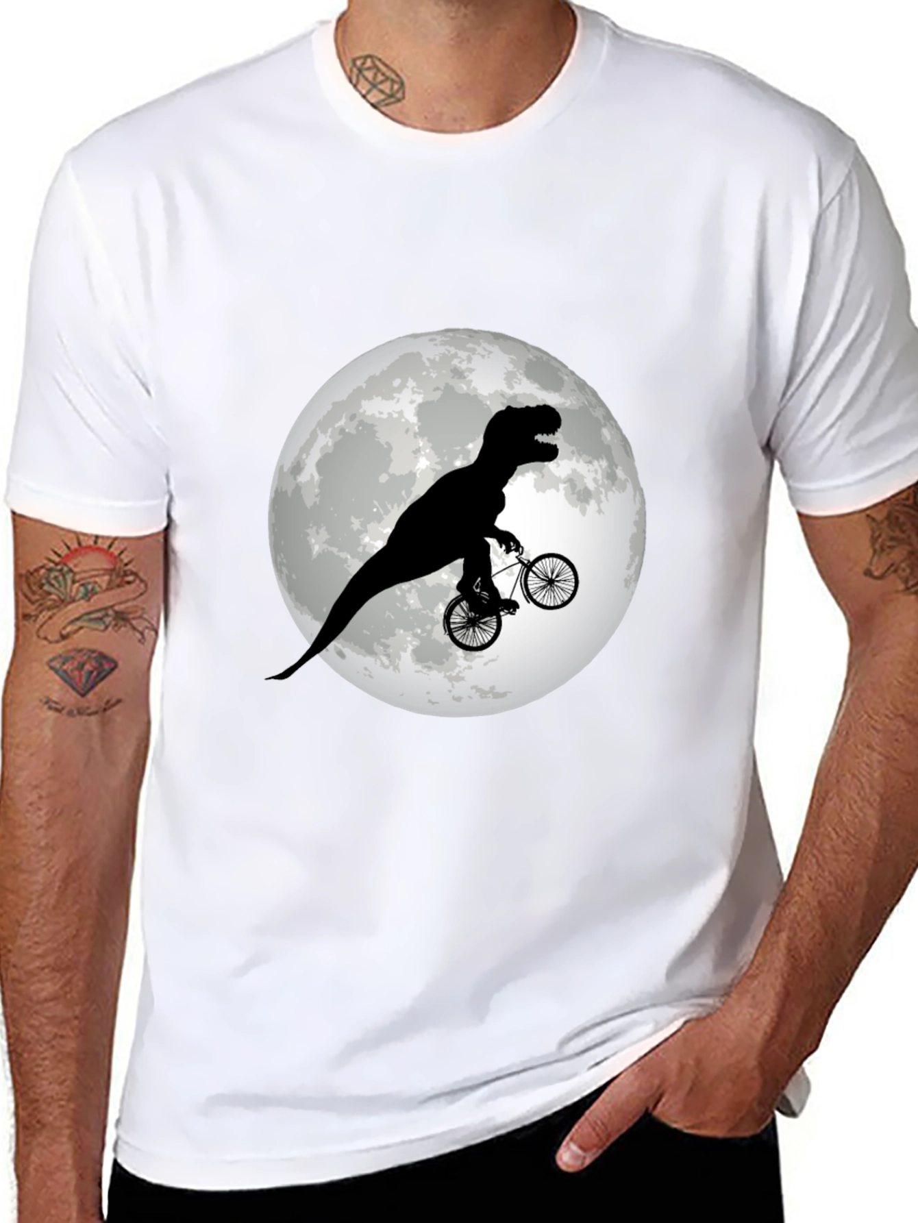 Black Dino Biker T-Shirt - Funny T-Rex Riding Bicycle Moon Tee view 8