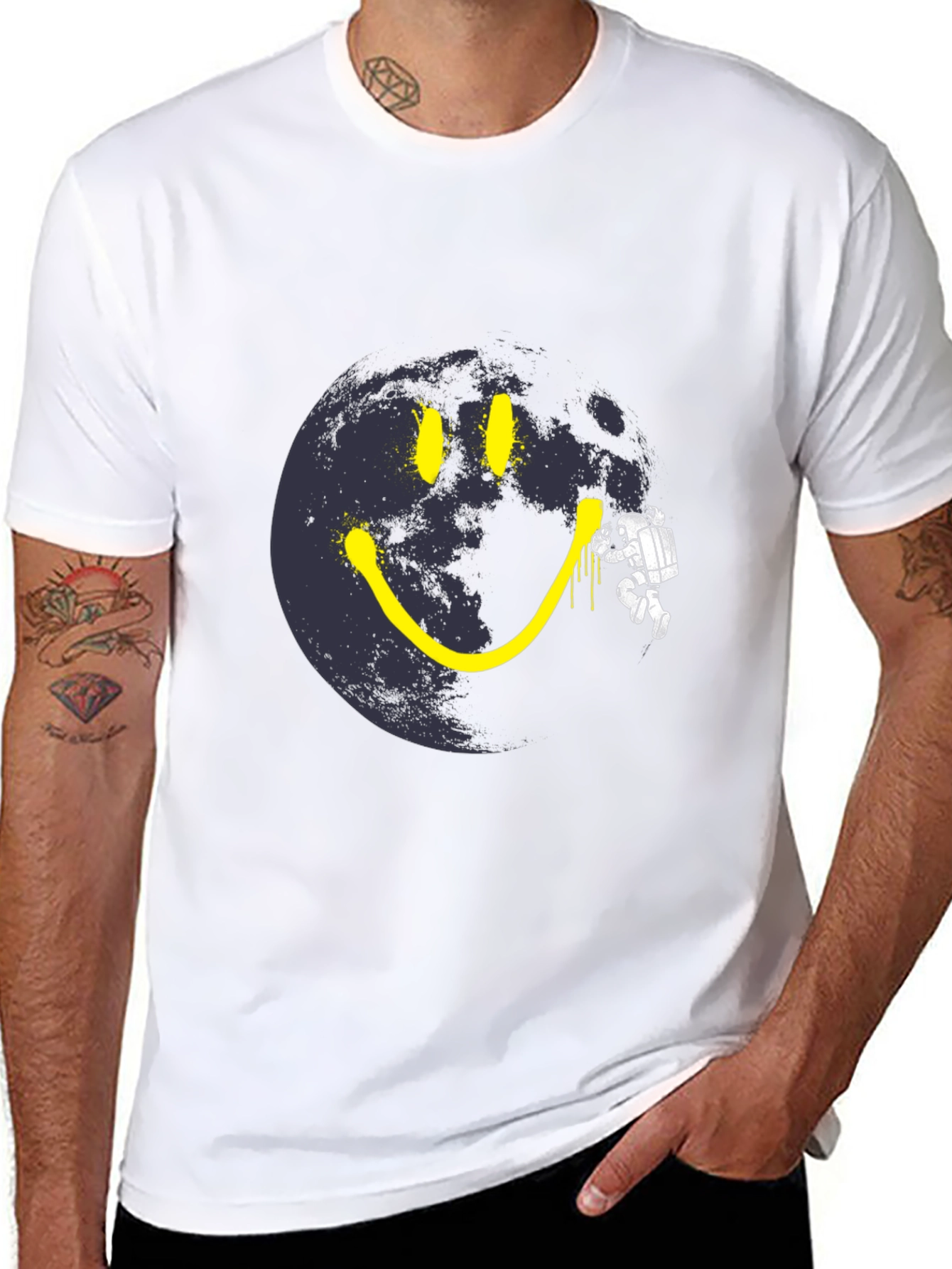 Black Astronaut Moon Smile T-Shirt - Black Cotton Graphic Tee view 8