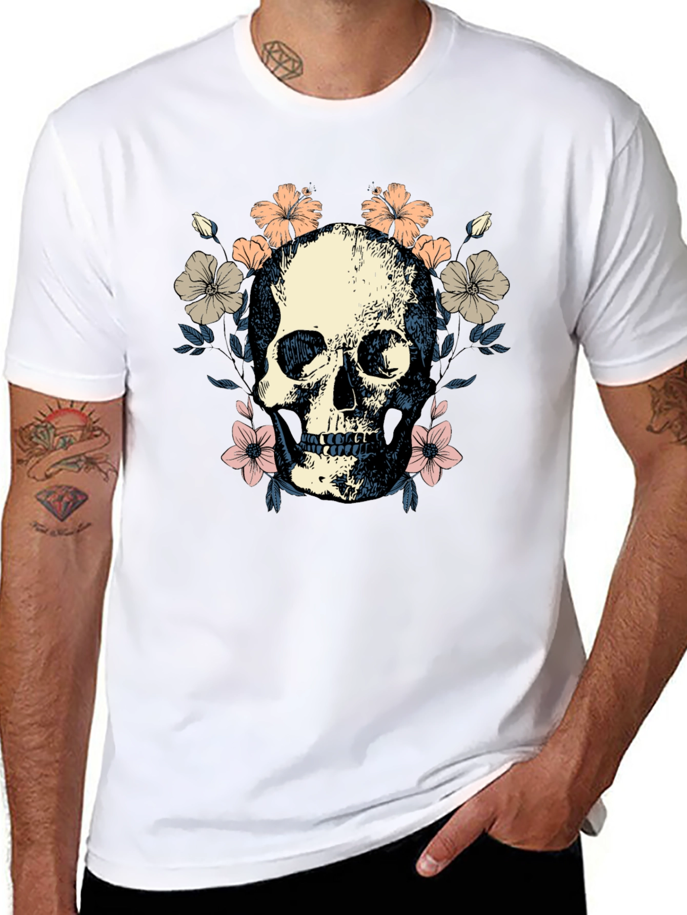 Black Floral Skull Graphic Tee - Stylish Black T-Shirt view 8
