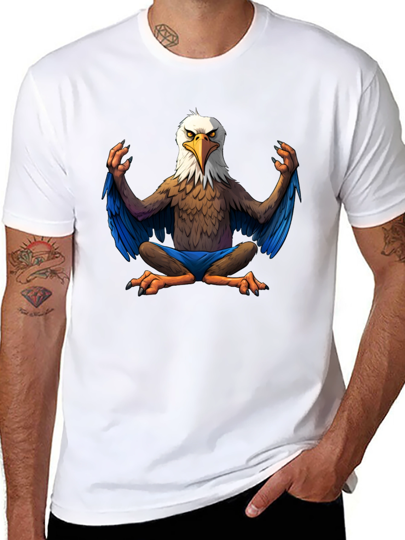 Black Meditating Eagle Cartoon T-Shirt view 8