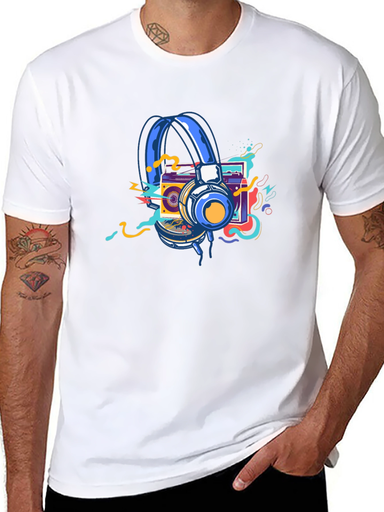 Black Retro Music Graphic T-Shirt: Headphones & Boombox view 8