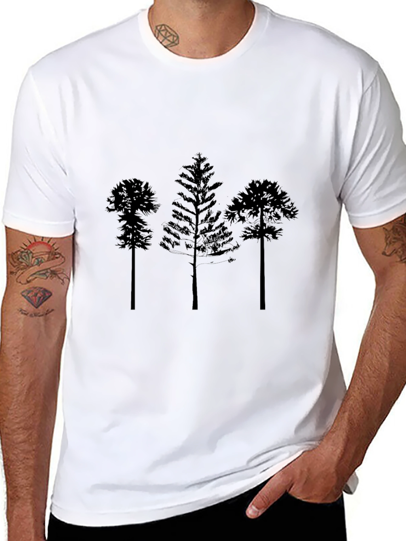 Black Men's Black T-Shirt with Tree Silhouette Design view 8