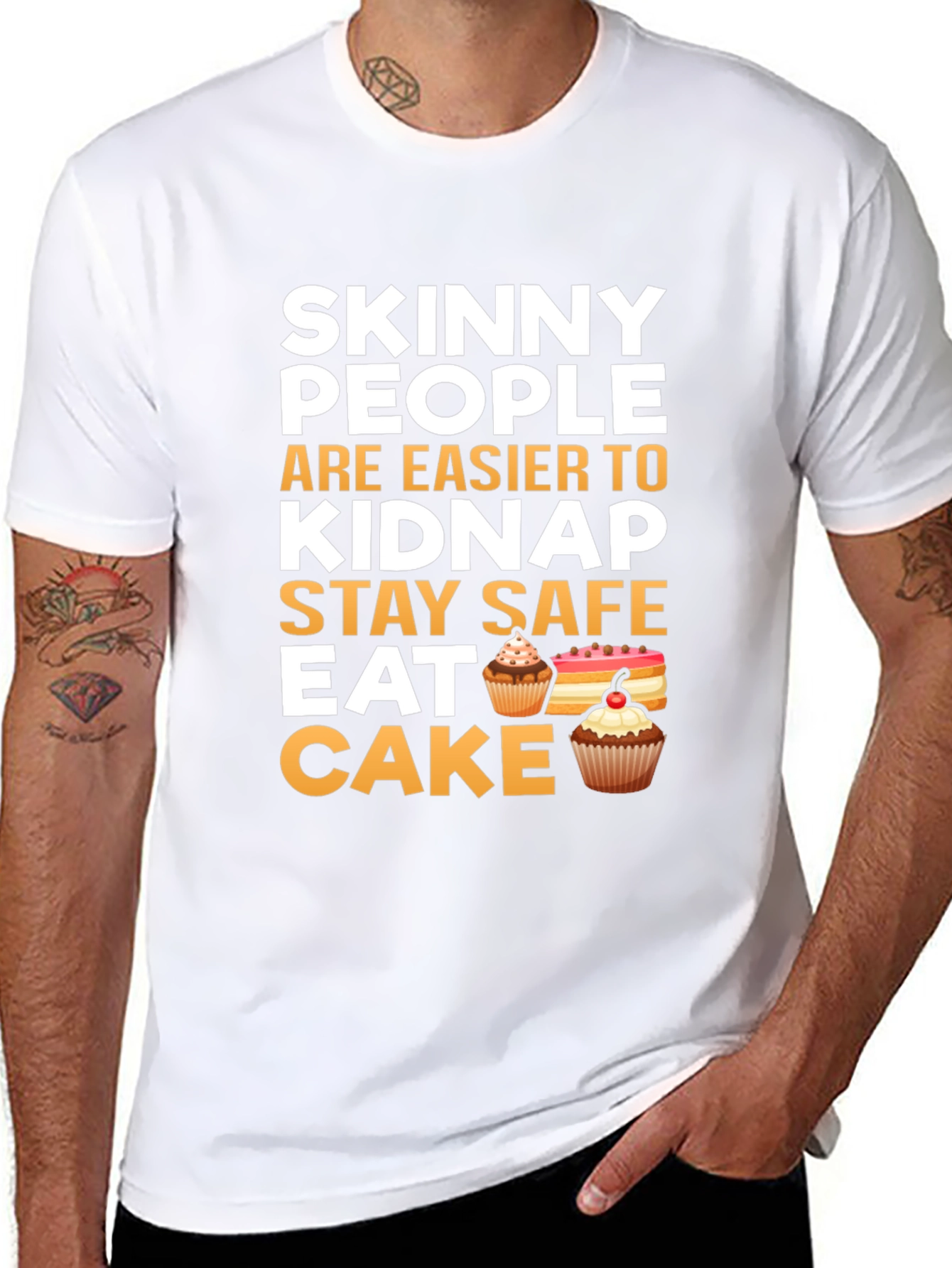 Black Skinny People Kidnap Stay Safe Eat Cake Graphic Tee view 8