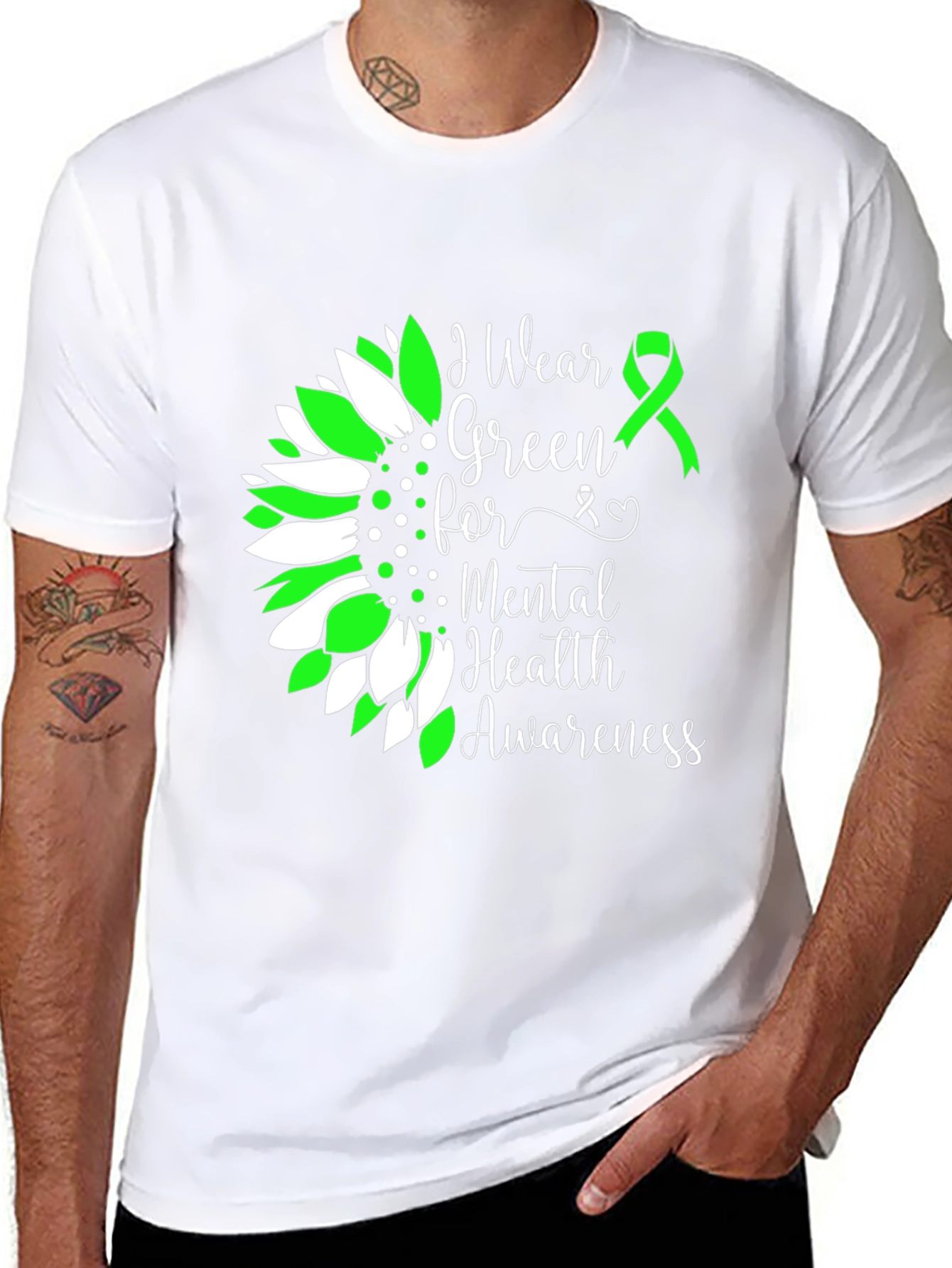 Mental Health Awareness T-Shirt Green Ribbon Sunflower - 8