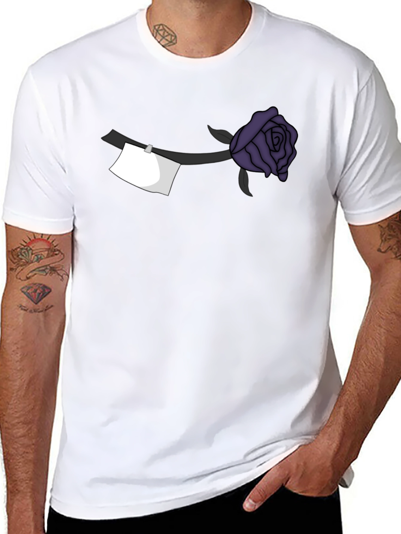 Black Black T-Shirt with Purple Rose and Note Design view 8