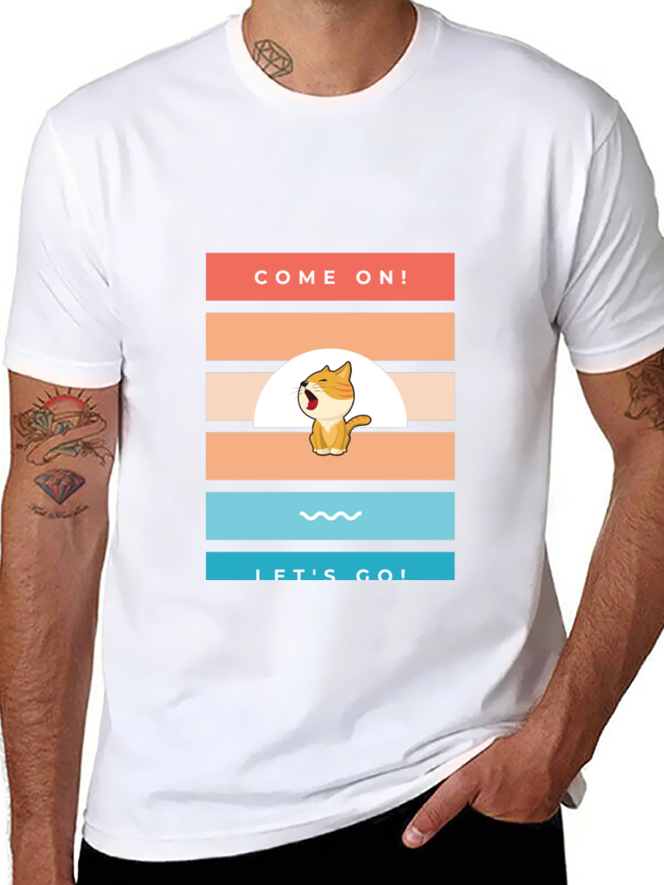 Black Come On! Let's Go! Cartoon Cat T-Shirt view 8