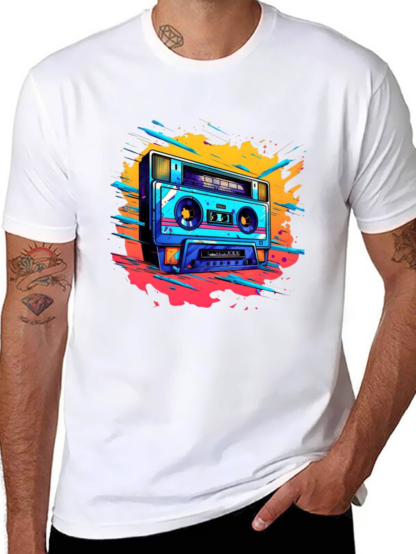 Black Retro Boombox Graphic Tee - Black Cotton T-Shirt view 8