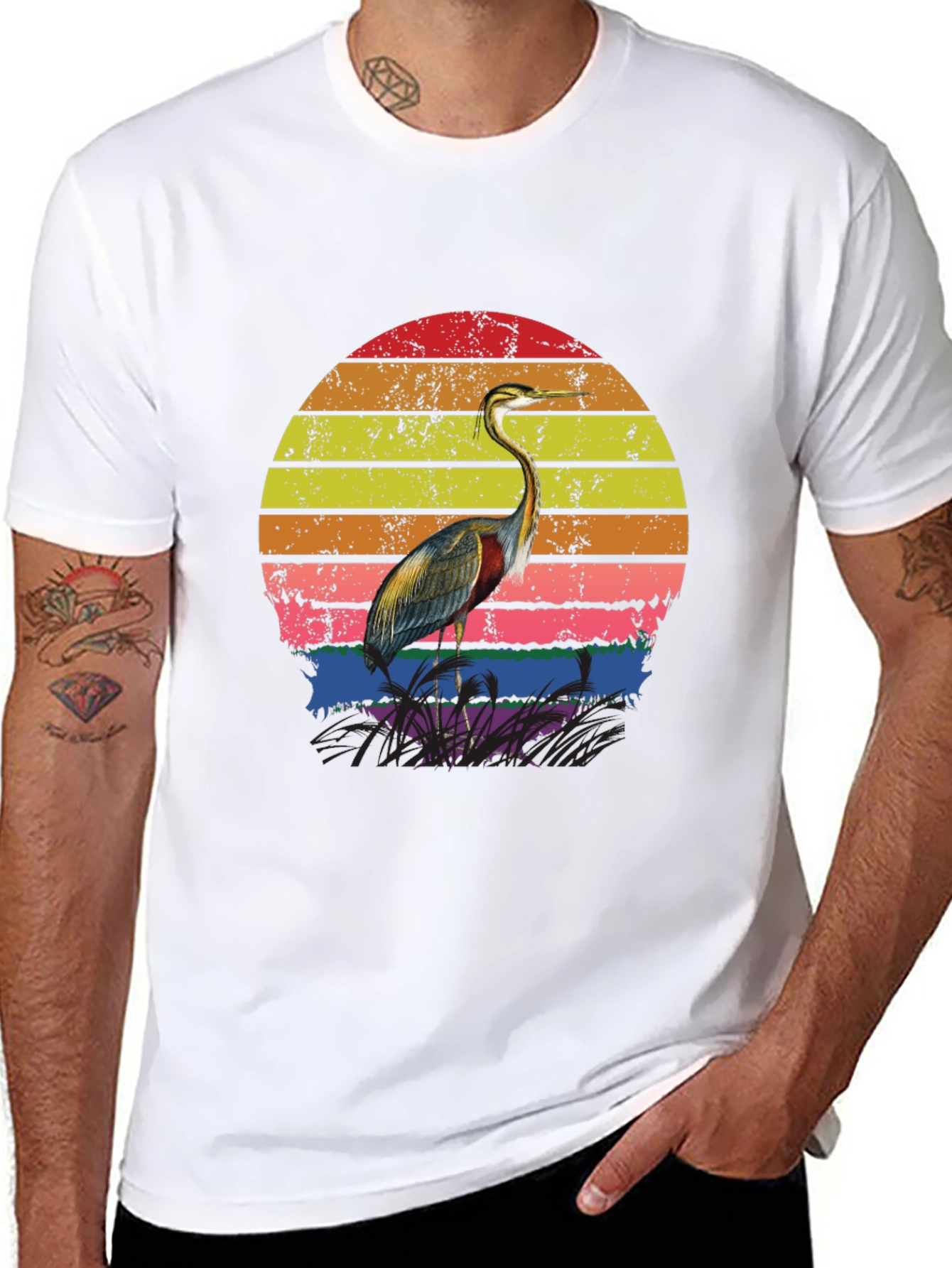 Black Retro Heron Sunset Graphic Tee - Black Cotton Blend view 8