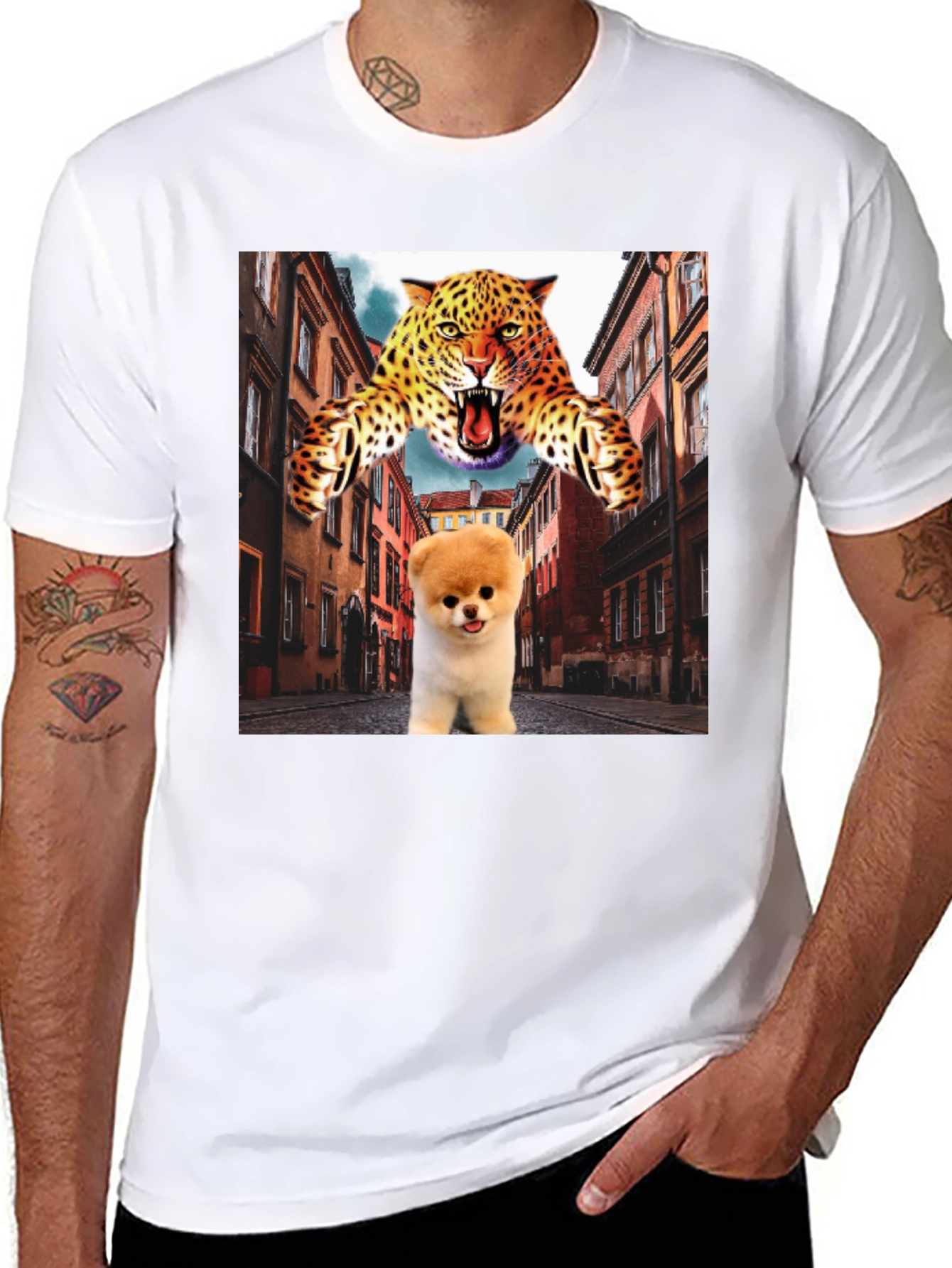 Black Novelty Graphic T-Shirt: Leopard and Pomeranian Design view 8