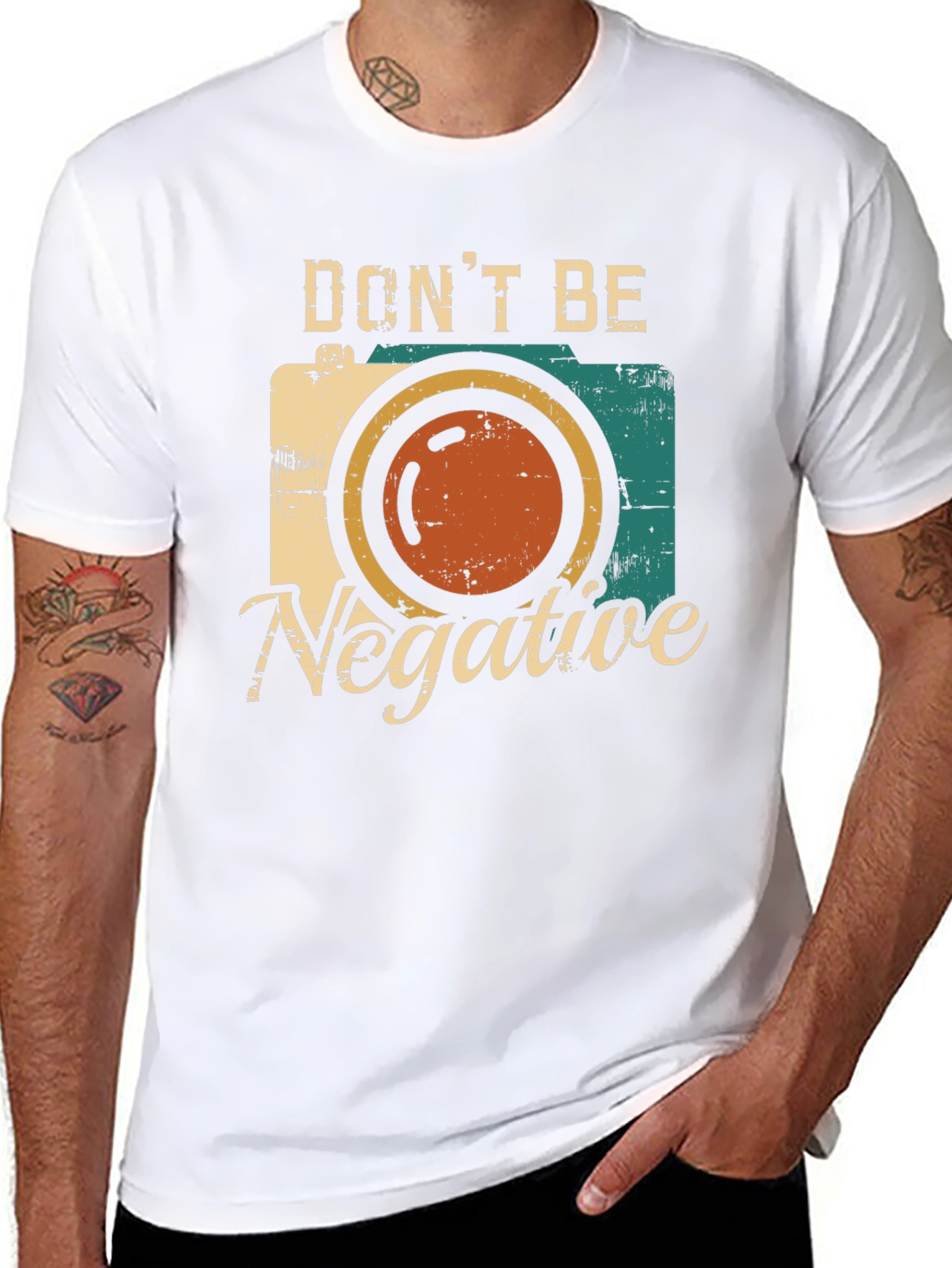 Black Don't Be Negative Retro Camera Graphic T-Shirt view 8