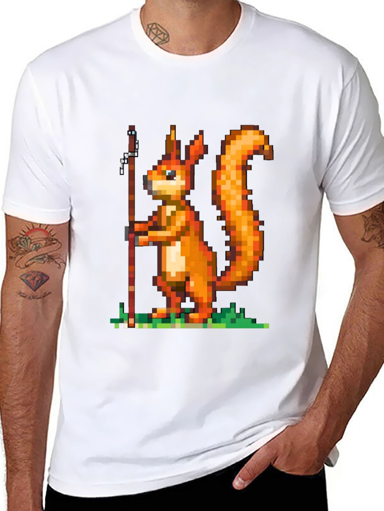 Black Pixel Squirrel Fishing T-Shirt - Black Cotton Tee view 8