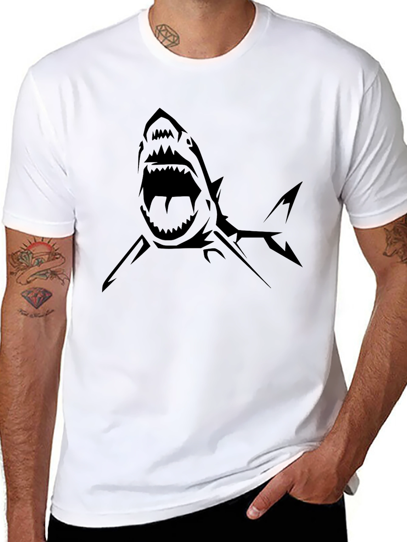 Black Men's Black T-Shirt - Shark Graphic Tee view 8
