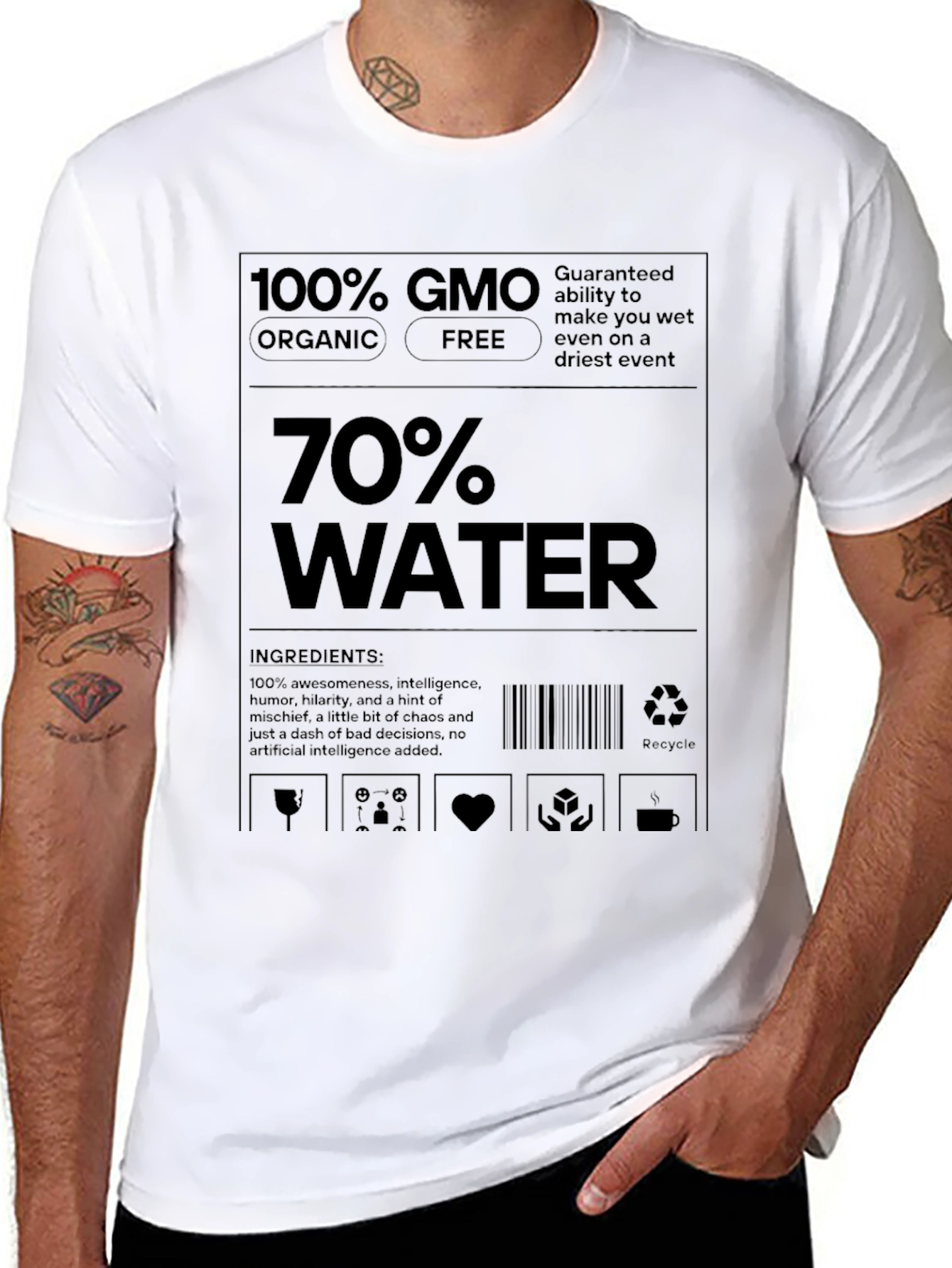 Black Humorous 70% Water Ingredient Label Graphic Tee view 8