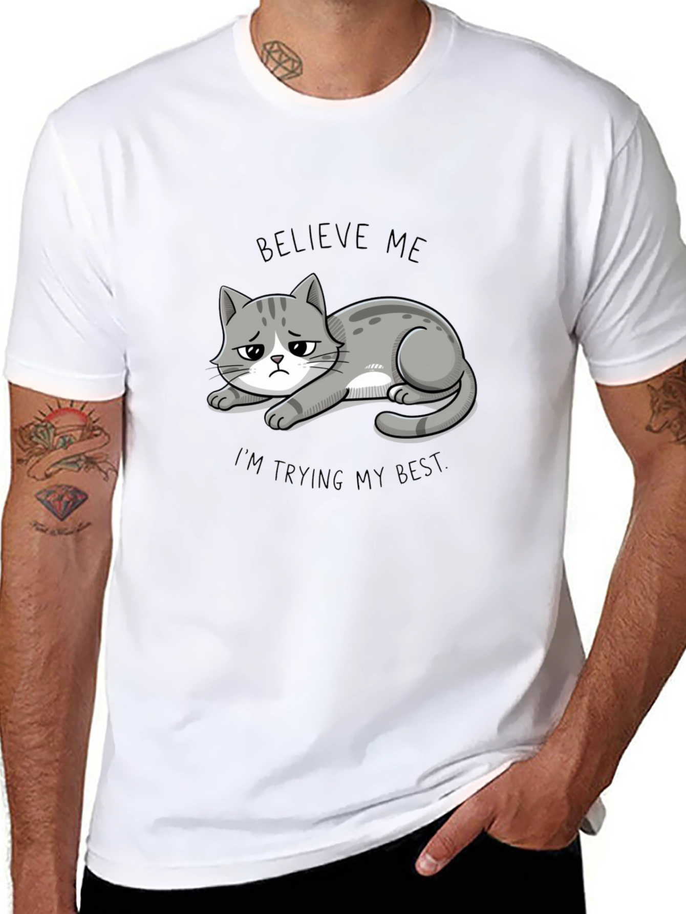 Black Believe Me Cat T-Shirt - Funny Graphic Tee view 8