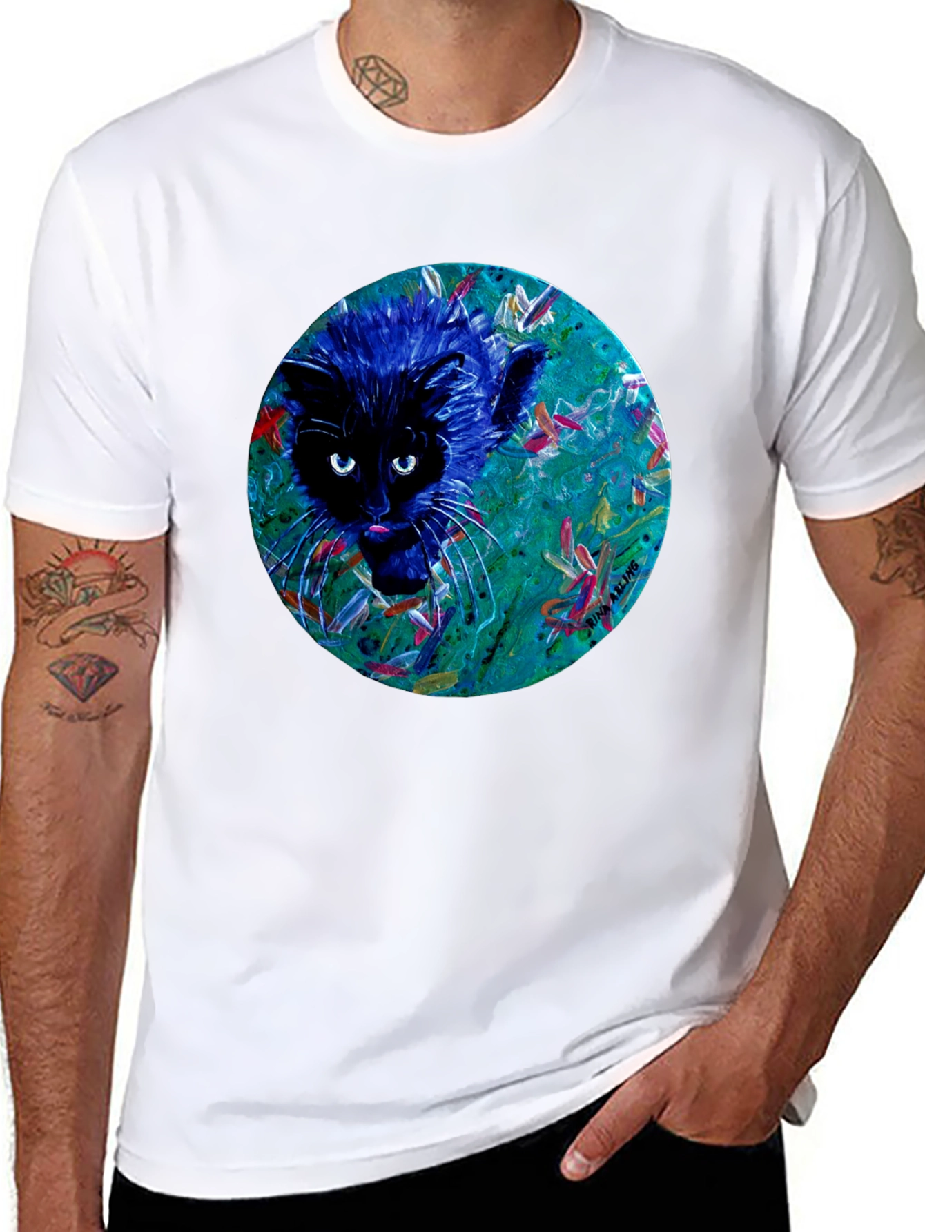 Black Abstract Cat Graphic Tee - Black Cotton T-Shirt view 8