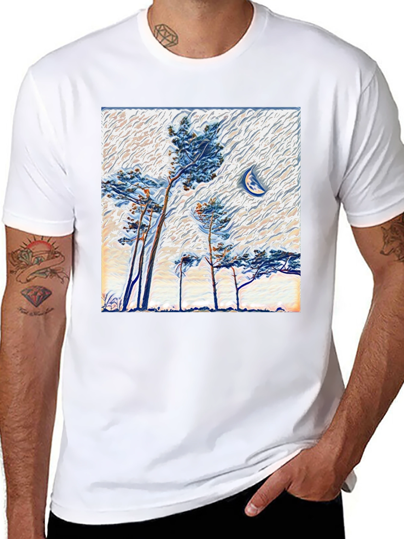 Black Artistic Trees and Moon Graphic Tee view 8
