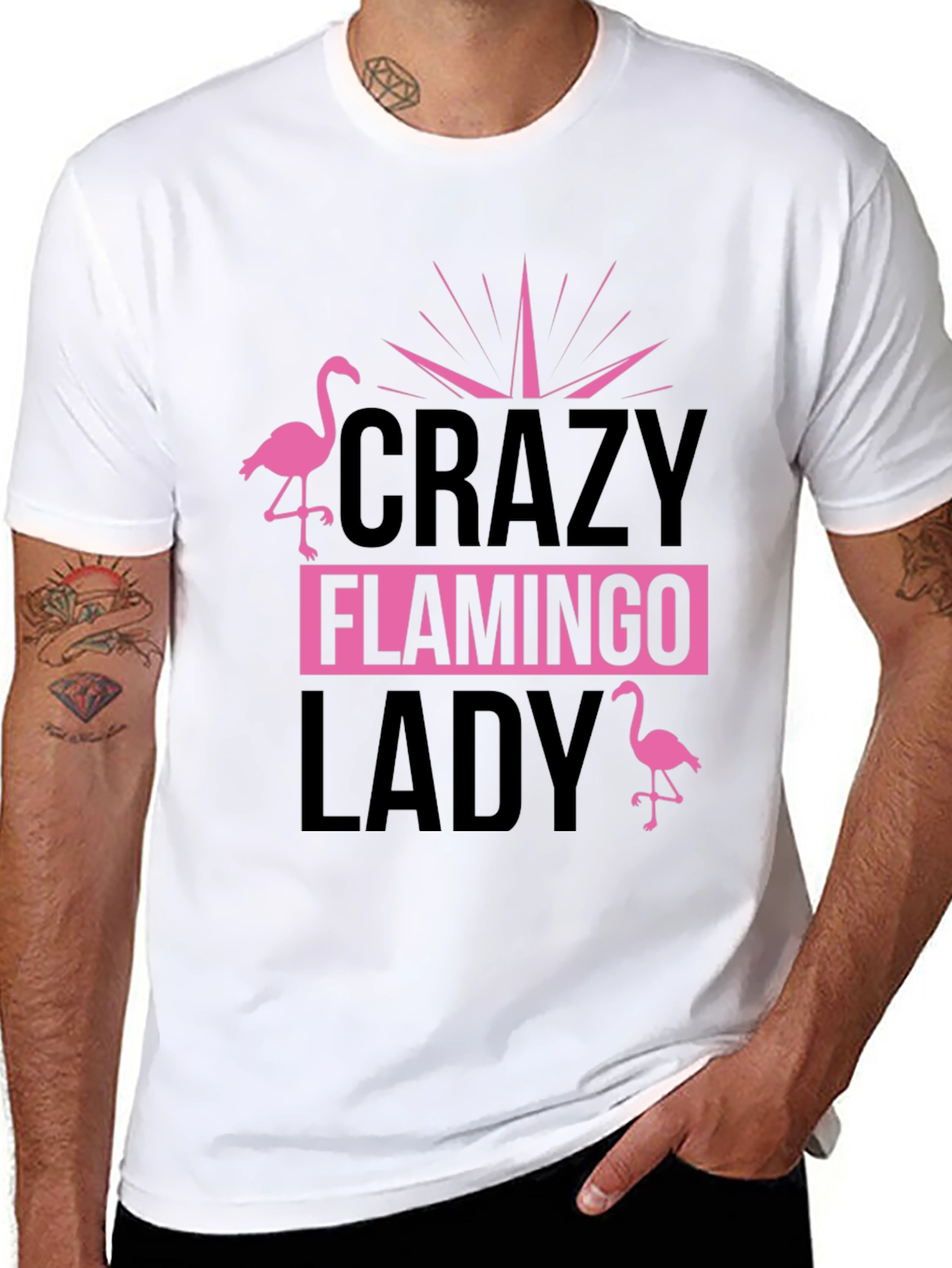 Black Crazy Flamingo Lady T-Shirt - Black Cotton Tee view 8