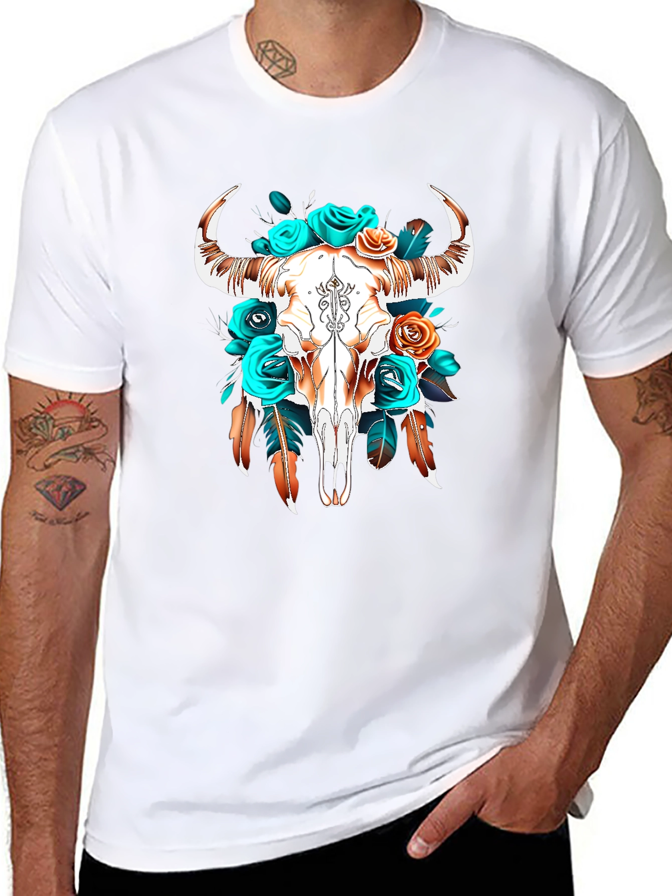 Black Boho Bull Skull Graphic Tee view 8